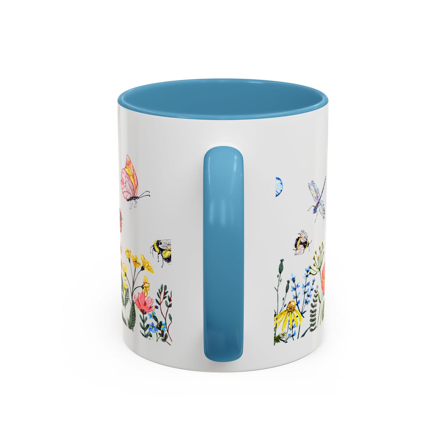 Introducing Printify's Colorful Spring Garden Mug: an 11 oz. ceramic mug featuring a white exterior, blue handle and interior, adorned with vibrant butterfly and flower illustrations—a perfect choice for garden enthusiasts appreciating nature's beauty.