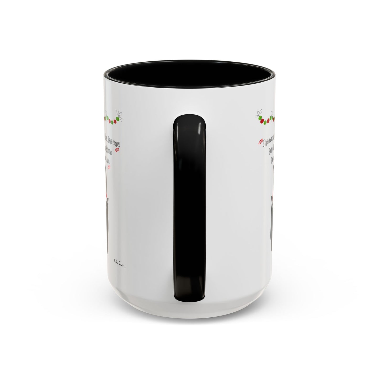 The Printify Festive-Cat Accent Coffee Mug: Holiday Gift for Cat-Lovers features a white ceramic body with a black handle and interior—perfect for adding festive charm to any animal lover’s coffee break.