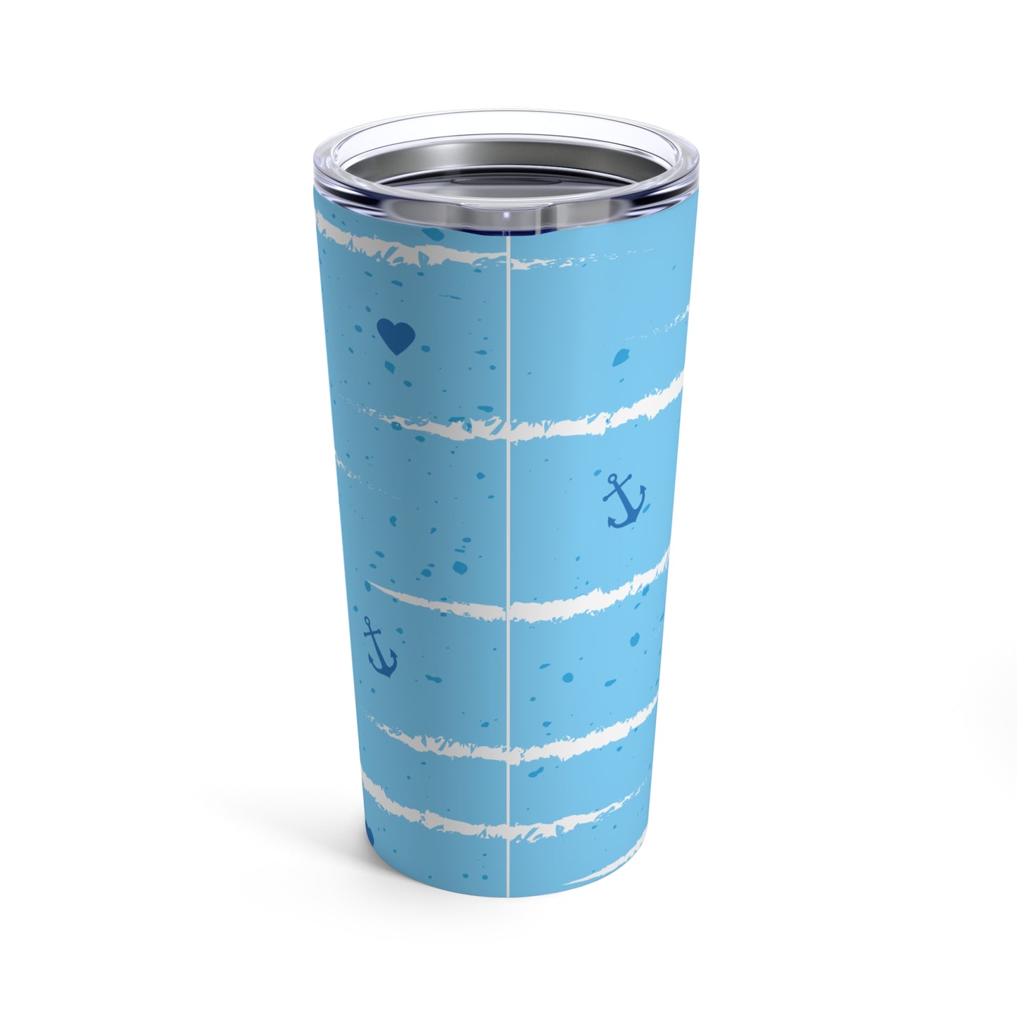A dishwasher-safe, blue and white striped Printify Sailing Love Tumbler: 20 oz.; Stainless steel; Insulated.