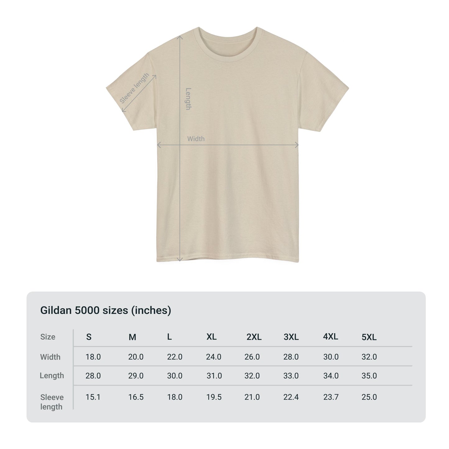 A diagram of a Printify Unisex Grill-Master T-shirt: 2 colors; Cotton; Gildan with measurements indicated. Below, a size chart for Gildan 5000 lists width, length, and sleeve length for sizes S to 5XL. Made in America.