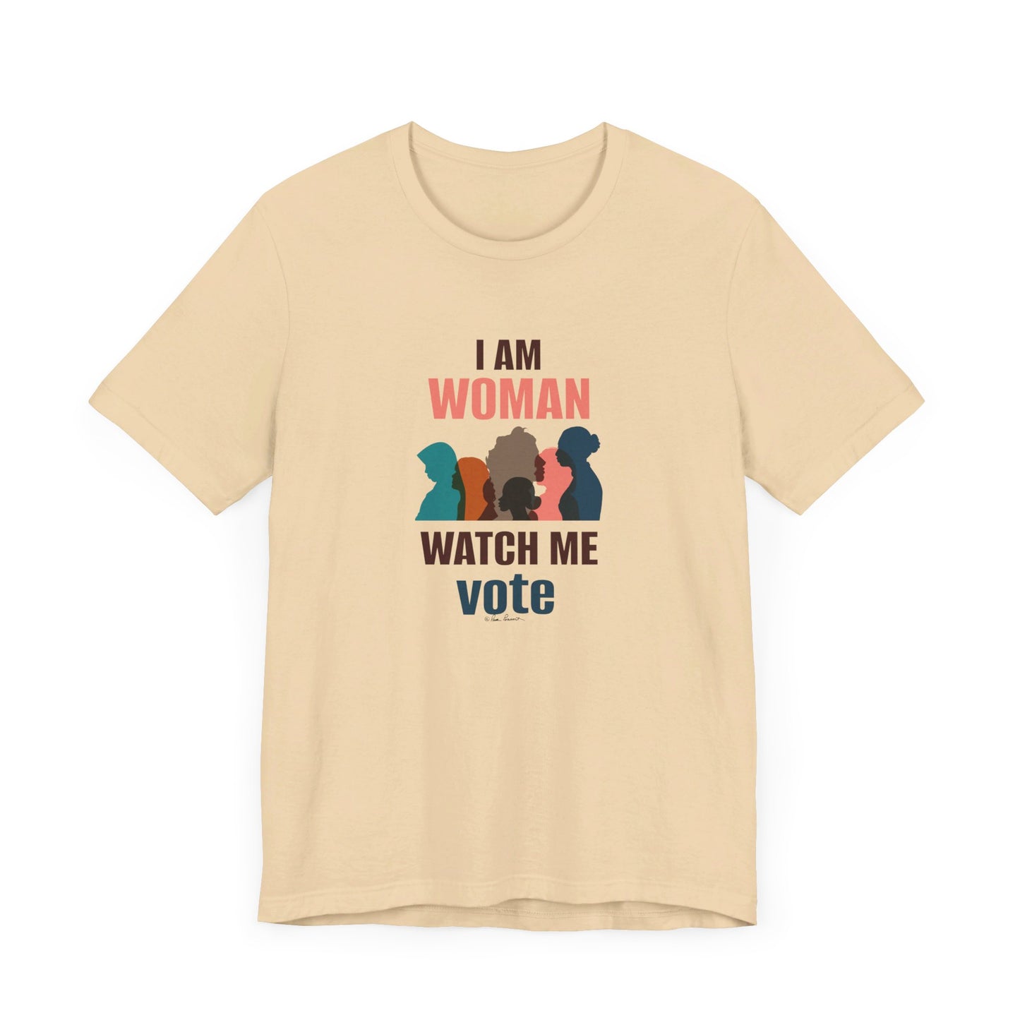 Printify's Voting Women's T-shirt features the empowering text "I AM WOMAN WATCH ME vote" alongside colorful silhouettes of women. This unisex shirt is meticulously crafted from 100% Airlume combed and ringspun cotton by Bella + Canvas, ensuring maximum comfort and quality.