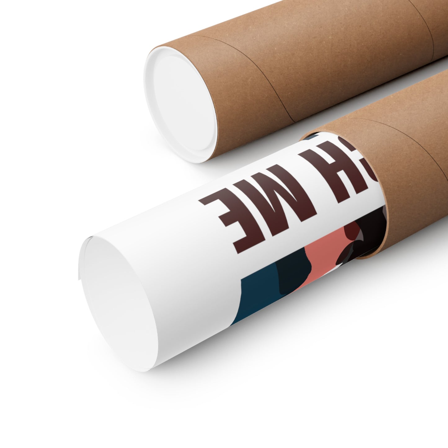 A partially unrolled Voting Womens Posters: 3 sizes; Vertical; Matte finish with bold, dark text is emerging from a brown cylindrical tube. Another similar tube is placed parallel and directly above it, containing another piece printed with archival inks on museum-grade paper by Printify.