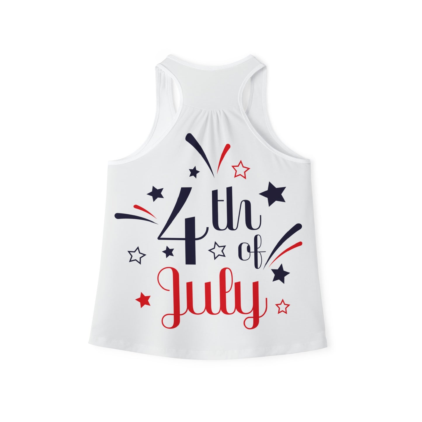 Women's white tank top with "4th of July" printed in red and blue letters, surrounded by stars and fireworks graphics. This 4th of July Tank-top: Women's; Festive; Polyester blend by Printify is proudly assembled in the USA.