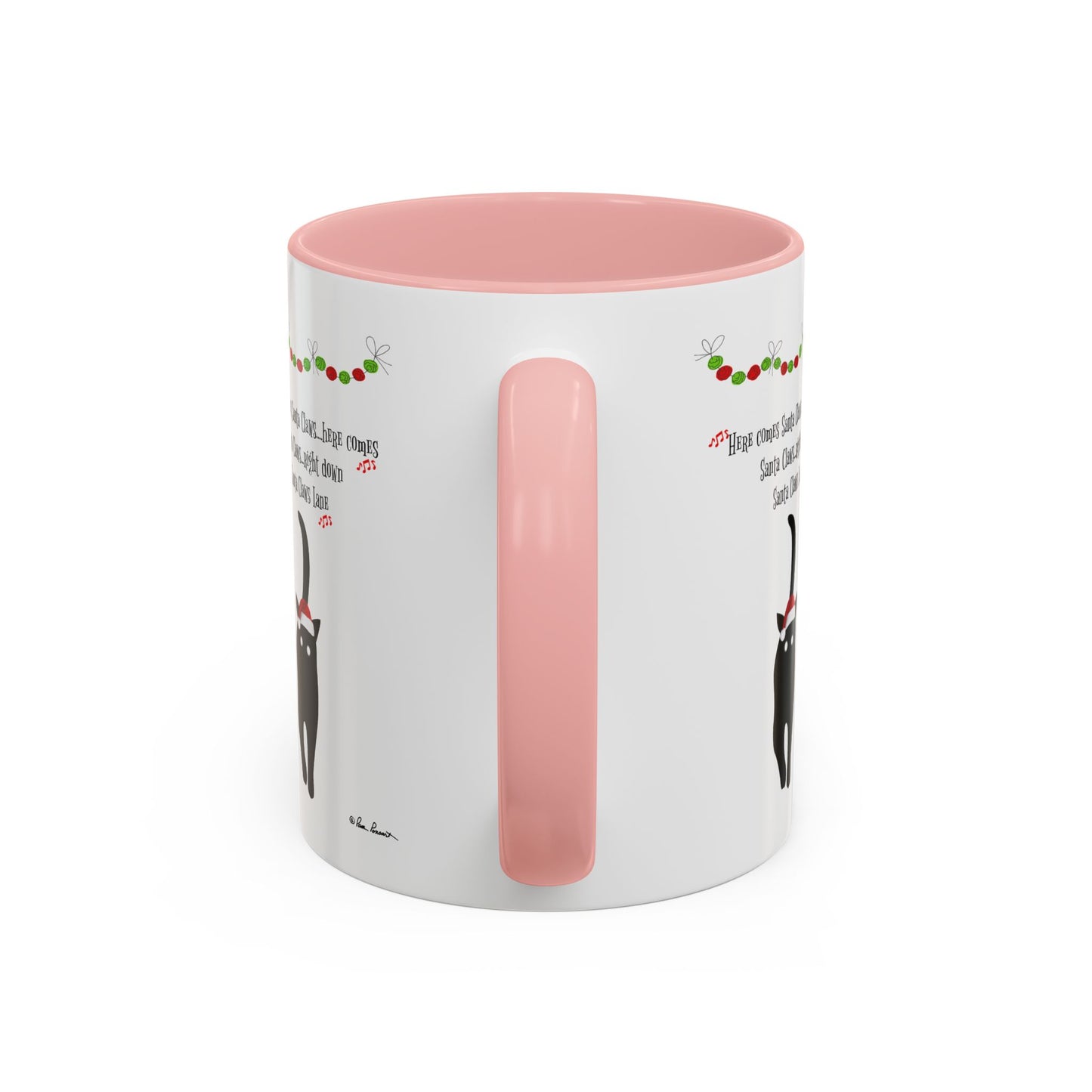 The Festive-Cat Accent Coffee Mug by Printify features a white ceramic body, pink handle and interior, and a festive black cat design—ideal as a holiday gift for cat lovers or enjoying your favorite drink.