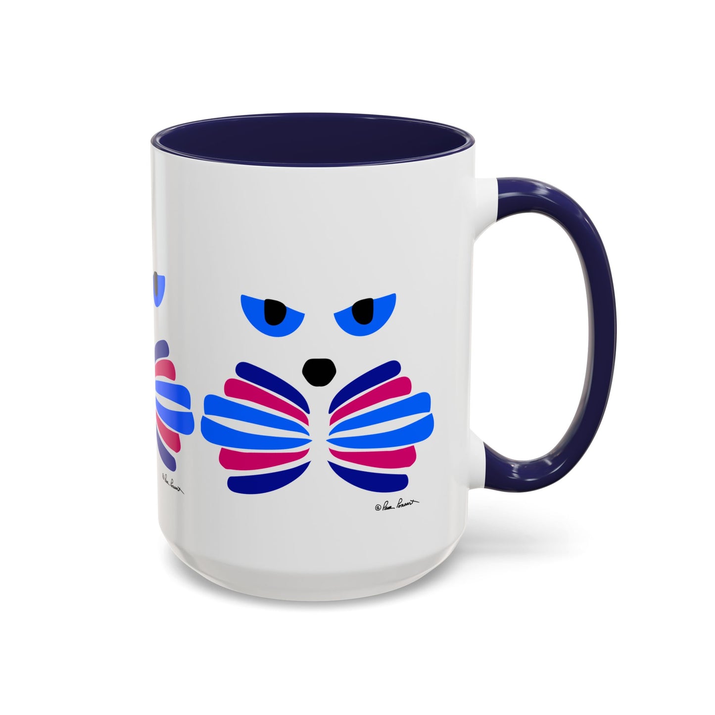 Introducing the Printify Cat-Face Coffee Mug: available in two sizes, this ceramic mug features a white body with a blue handle and displays a stylized face design complete with blue eyes and multicolored, bow-like accents. A perfect gift for cat lovers, adding a hint of Catitude to every sip.