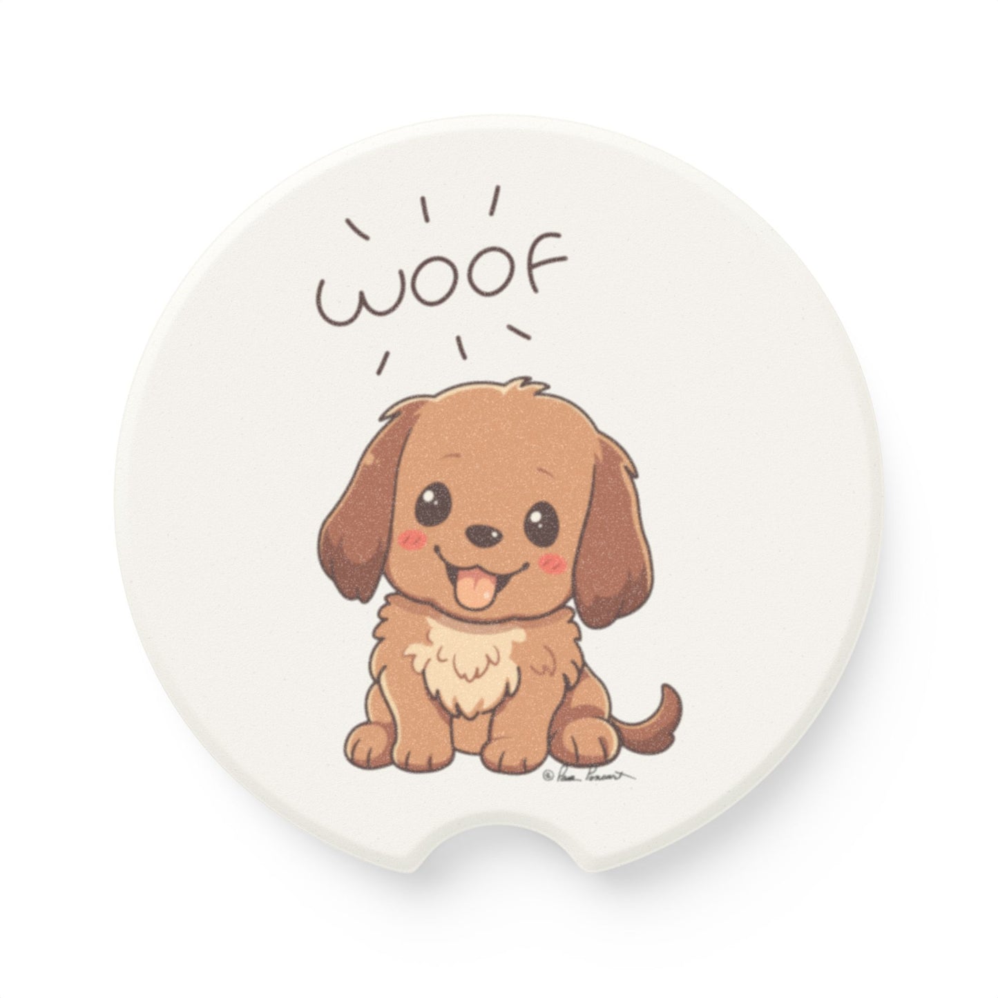 A charming cartoon puppy with large eyes and a wagging tail sits joyfully, ideal for dog enthusiasts. The word "woof" is playfully displayed above its head, making it an irresistibly cute addition to your car accessories, like the Cute-Dog Car Coasters from Printify: Unisex; Absorbent; Dog-Lover Gift.