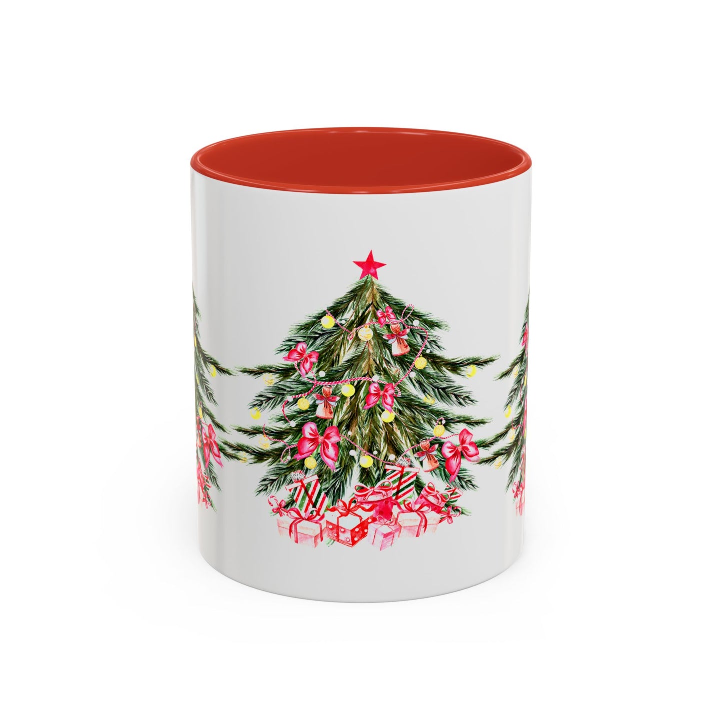 The Printify Festive Christmas-Tree Coffee-Mug, available in 11 or 15 oz. sizes and made of ceramic, boasts a charming holiday tree design embellished with decorations and gifts, complemented by a vibrant red interior.
