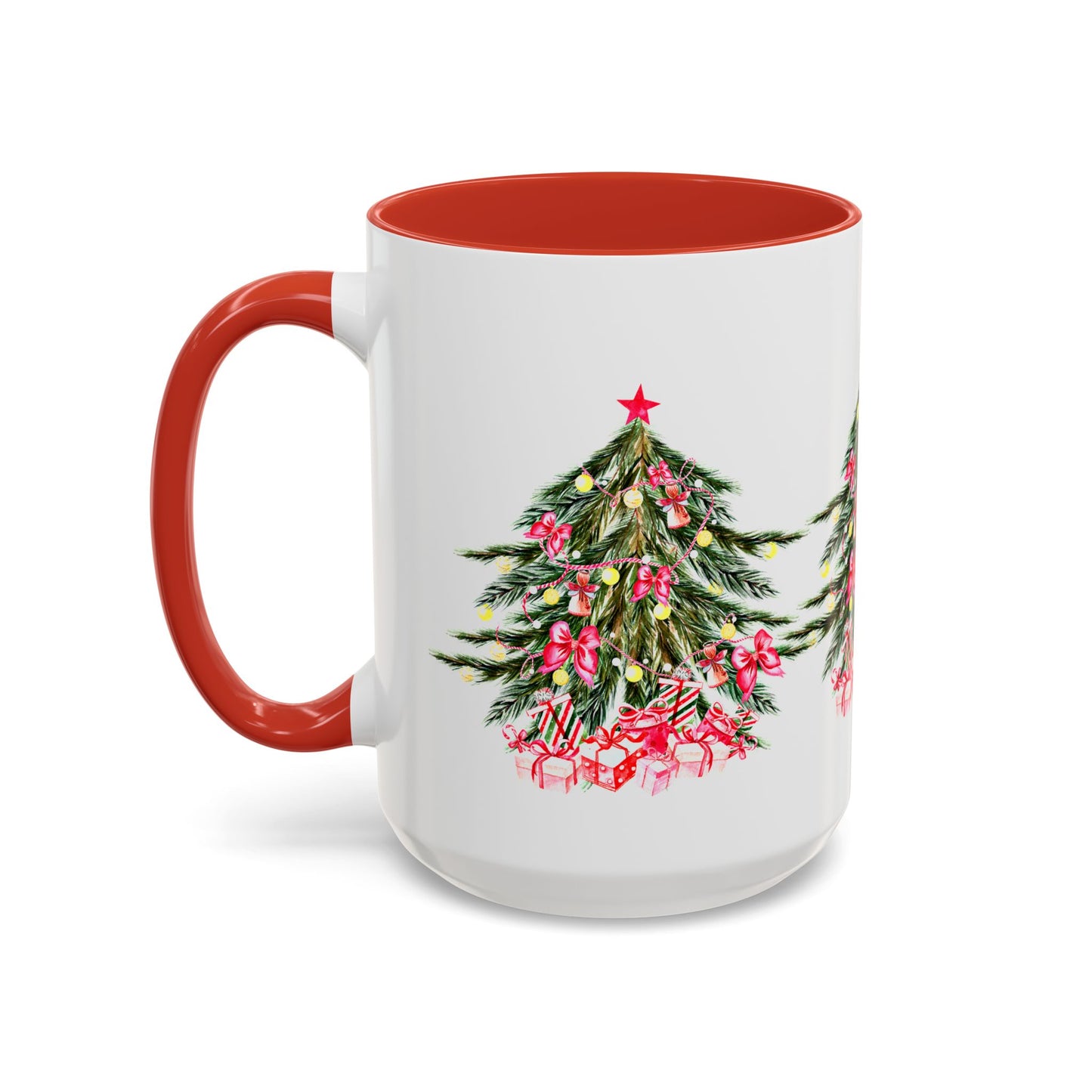 Experience the joy of the season with Printify's Festive Christmas-Tree Coffee-Mug, crafted from ceramic and available in 11 or 15 oz. sizes. This white mug with a vibrant red handle showcases a holiday tree design adorned with ornaments and presents beneath, making it ideal for savoring your favorite festive drink. Perfect as a gift or for bringing holiday cheer to your own cup collection.