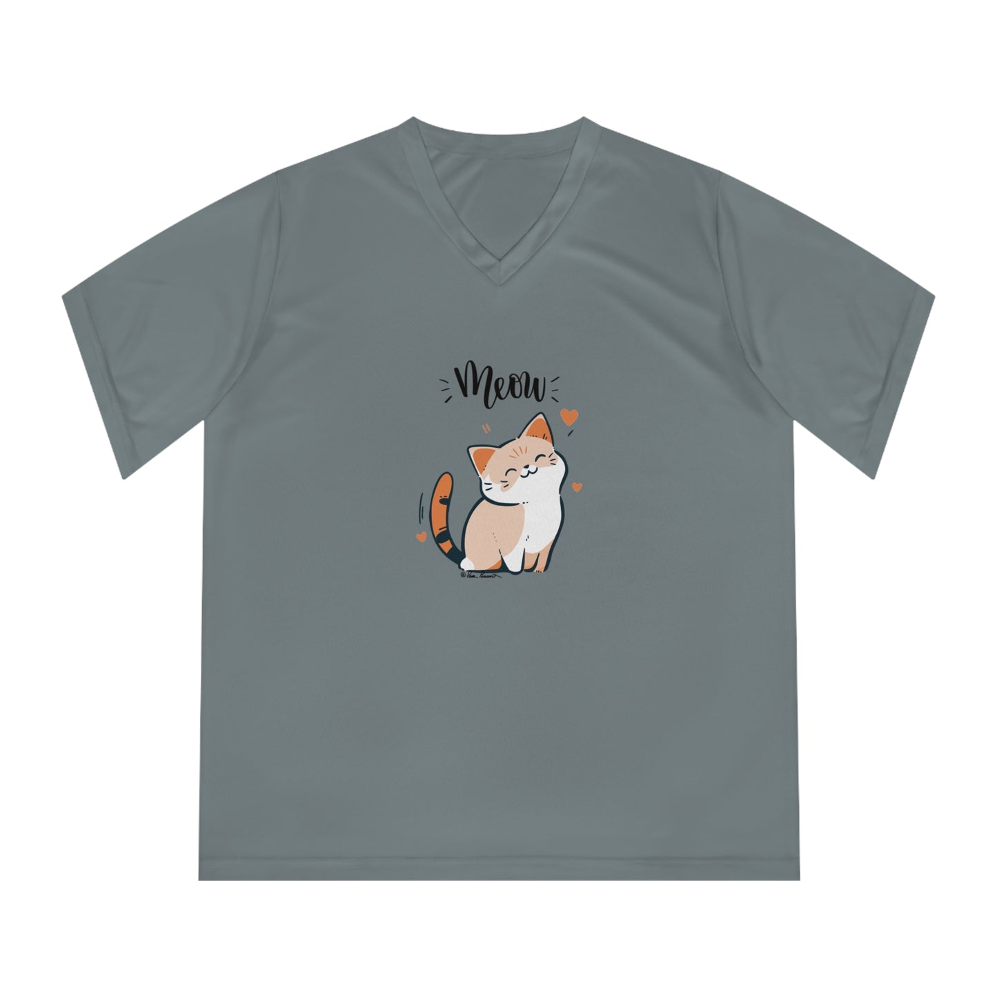Printify Women's Tabby-Cat T-shirt: V-neck; UV 40+; Team 365 featuring a cartoon graphic of an orange and white cat with hearts around it and the text "Meow" above. Made from moisture-wicking polyester, this tee offers UV 40+ protection for stylish comfort.