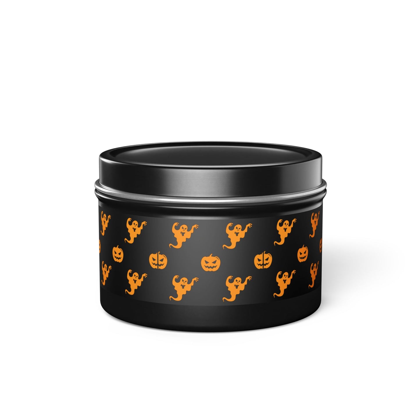 Printify presents the Halloween Tin Candles, a 4 oz. black tin adorned with orange ghost and pumpkin patterns, ideal for holding coconut soy wax candles. Embrace the festive spirit with these enchanting seasonal scents that add a special aroma to your spooky celebrations.