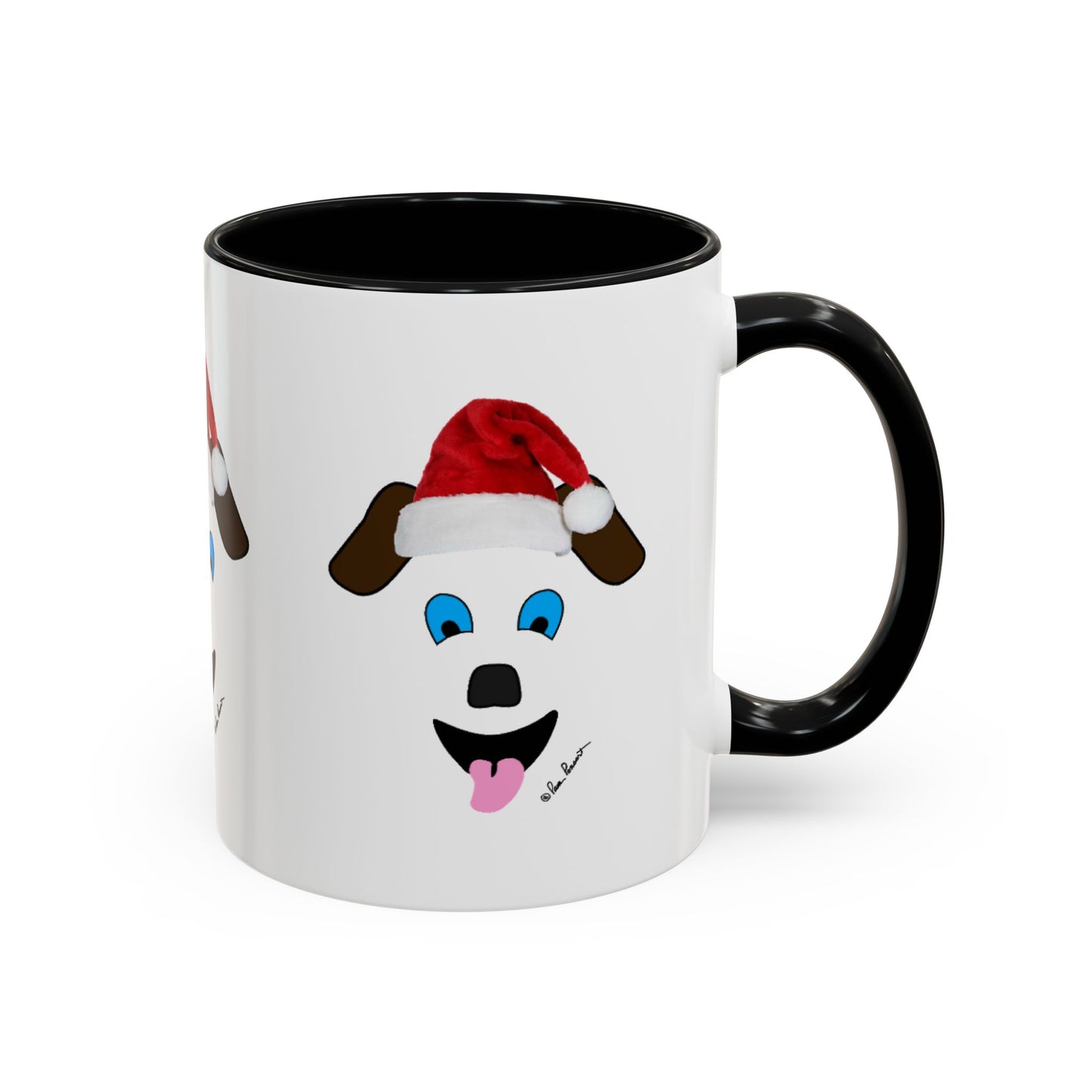 This ceramic Festive Dog-Face Coffee-Mug by Printify, available in two sizes and ideal for dog lovers, features a black handle with a cartoon Santa dog on a clean white background.