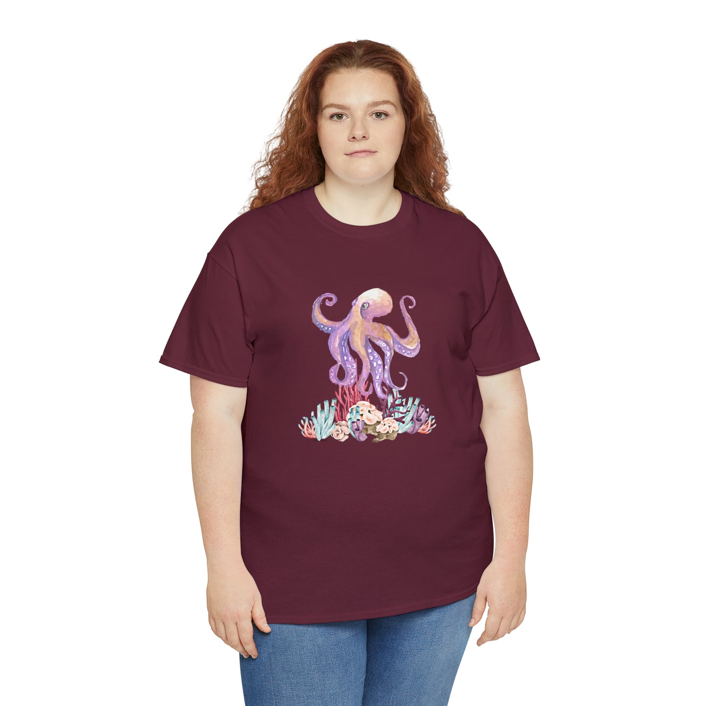 Mock up of a red-haired, plus-size, woman wearing the Maroon shirt
