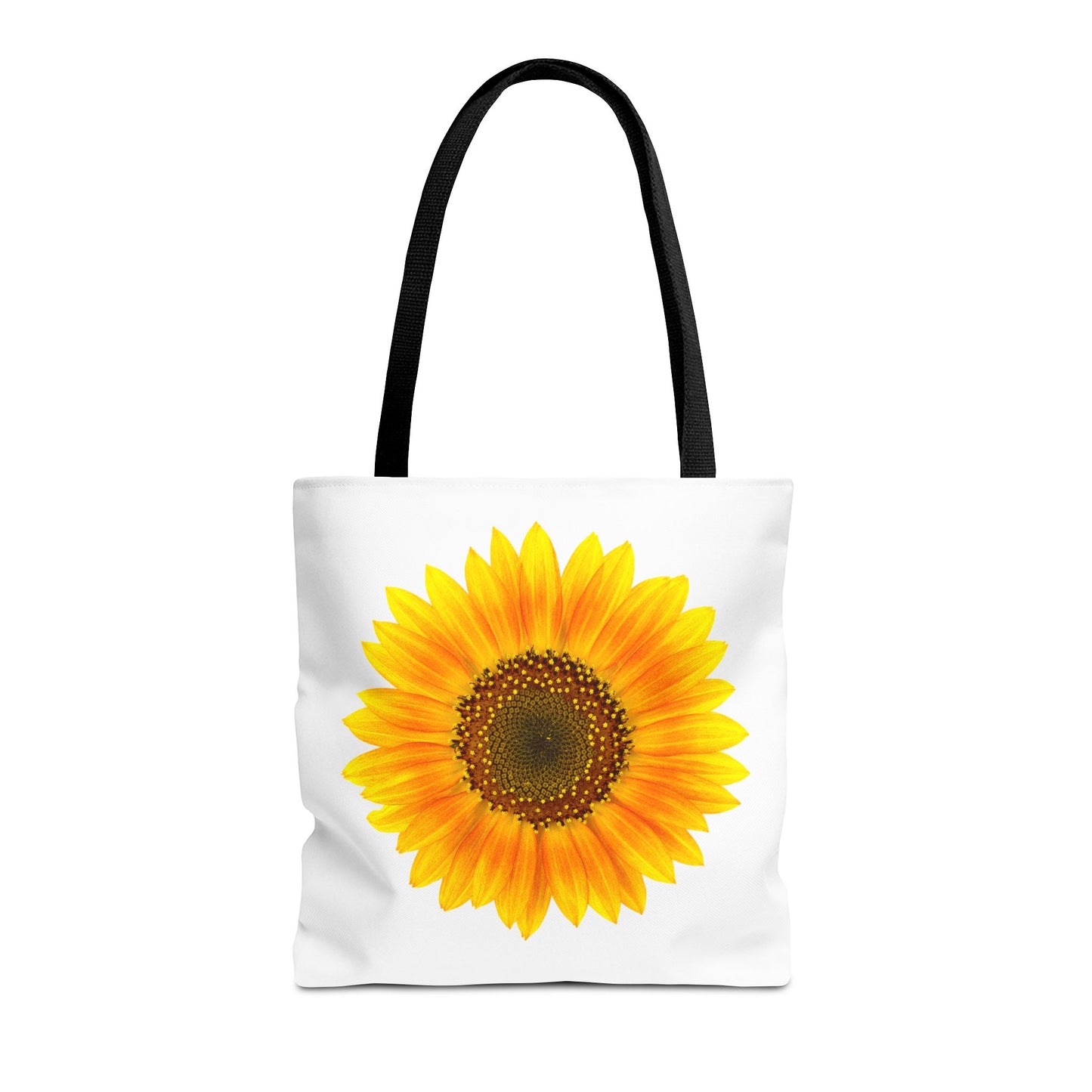 Brighten your outfit with Printify's Sunflower Tote Bag, featuring a vivid sunflower print on a white background and contrasting black handles. Available in three sizes and crafted from polyester with a 2-sided print, this accessory adds nature-inspired charm to any look.