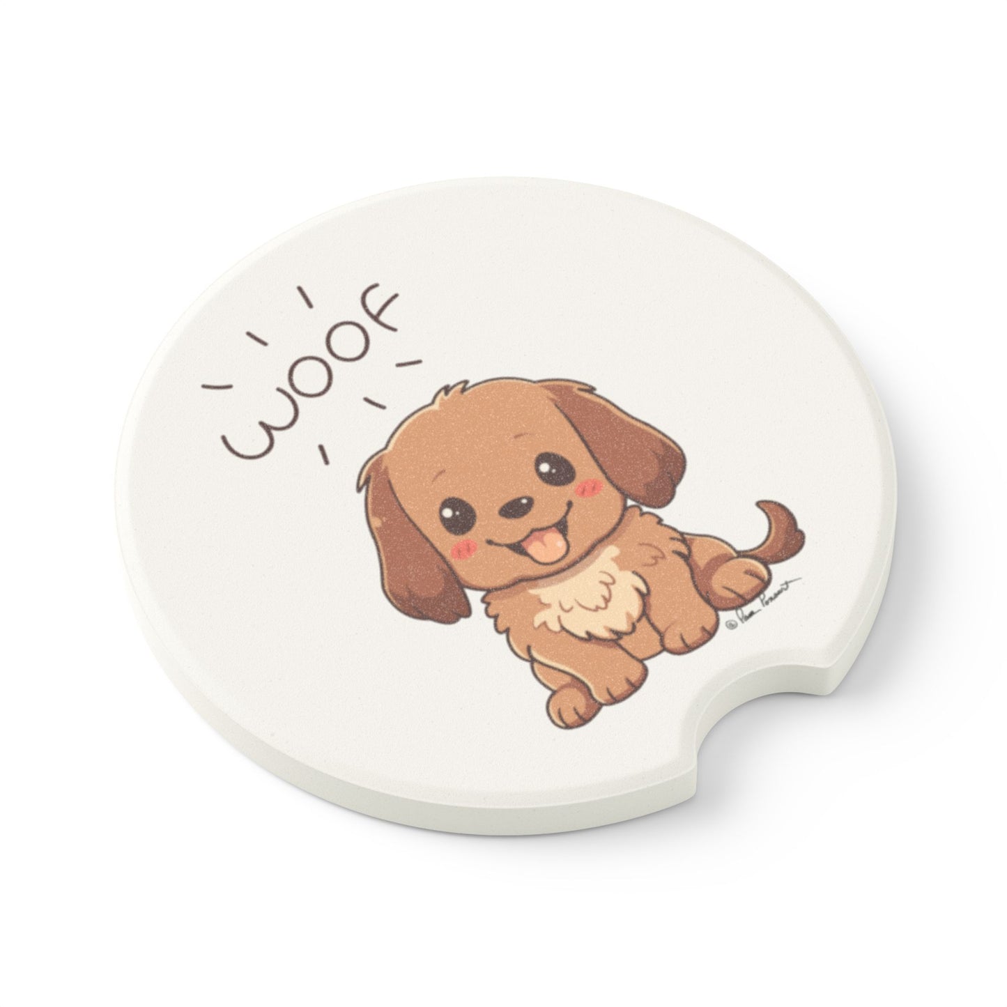 This delightful cartoon illustration features a cute brown puppy with floppy ears and a wagging tail, paired with the word "Woof" on a round white coaster. Perfect for dog lovers, the adorable Cute-Dog Car Coasters from Printify are unisex and absorbent, making them fantastic car accessories for any pet enthusiast.