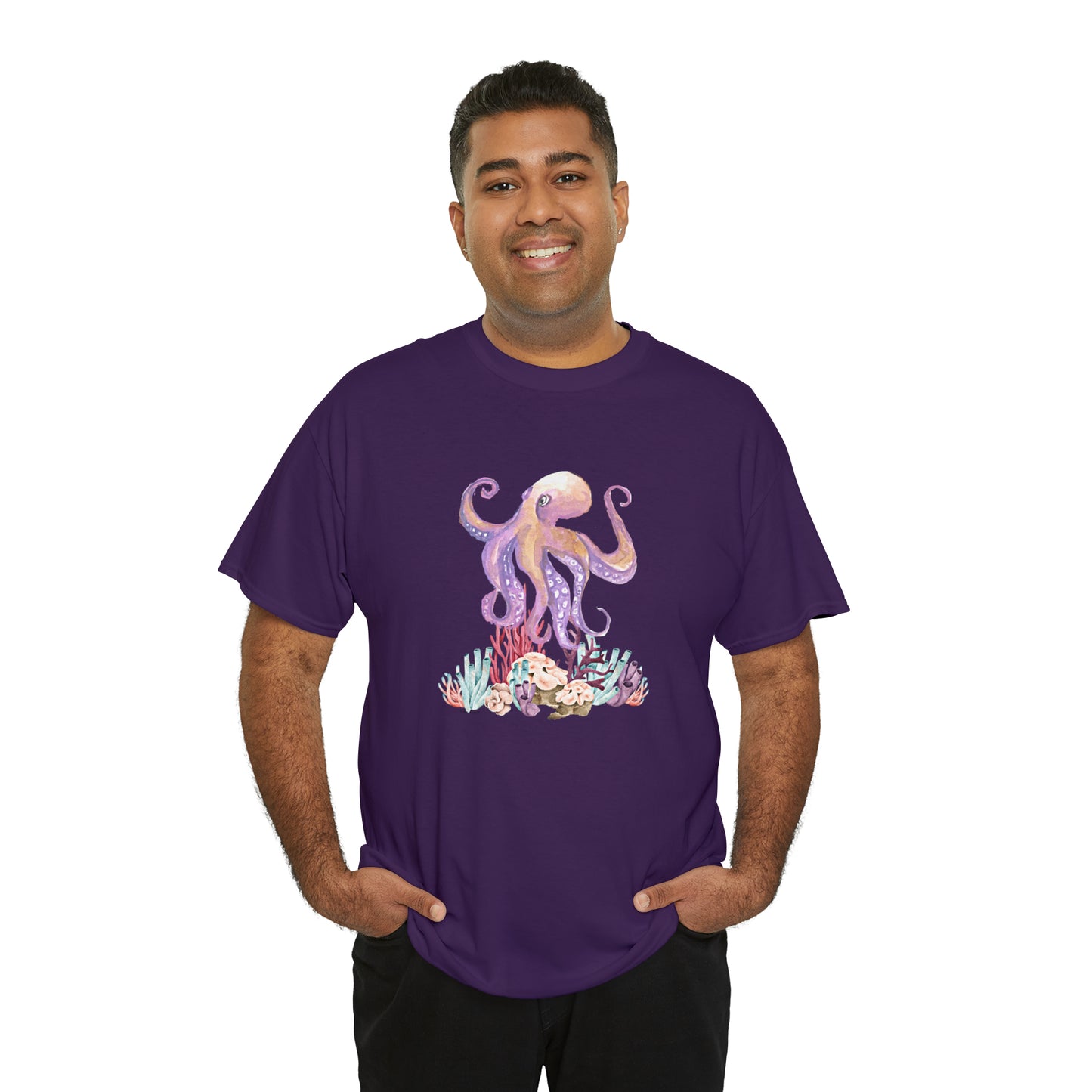 Mock up of a dark skinned man wearing the Purple shirt