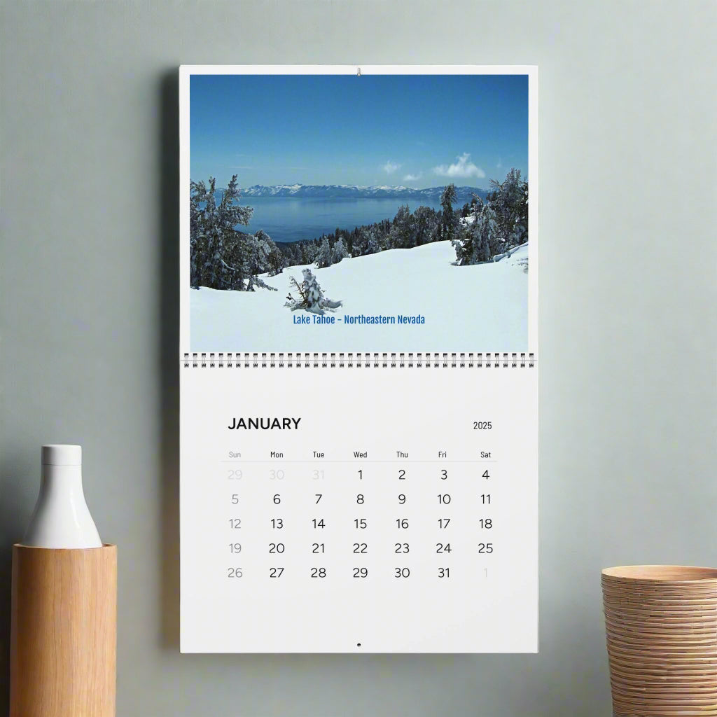 The January page of Printify's Minimalist 2025 Wall Calendar: Photographic features a serene, snowy Lake Tahoe landscape in Northeastern Nevada, aligning with a minimalist aesthetic.