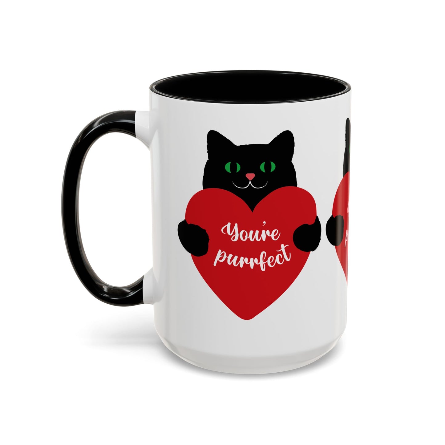 The Printify Purrfect Love Cat-Mug is a charming gift for cat lovers, featuring a ceramic mug with a vibrant design: a black handle and a black cat holding a red heart that says "You're purrfect." Available in 2 colors and 2 sizes.