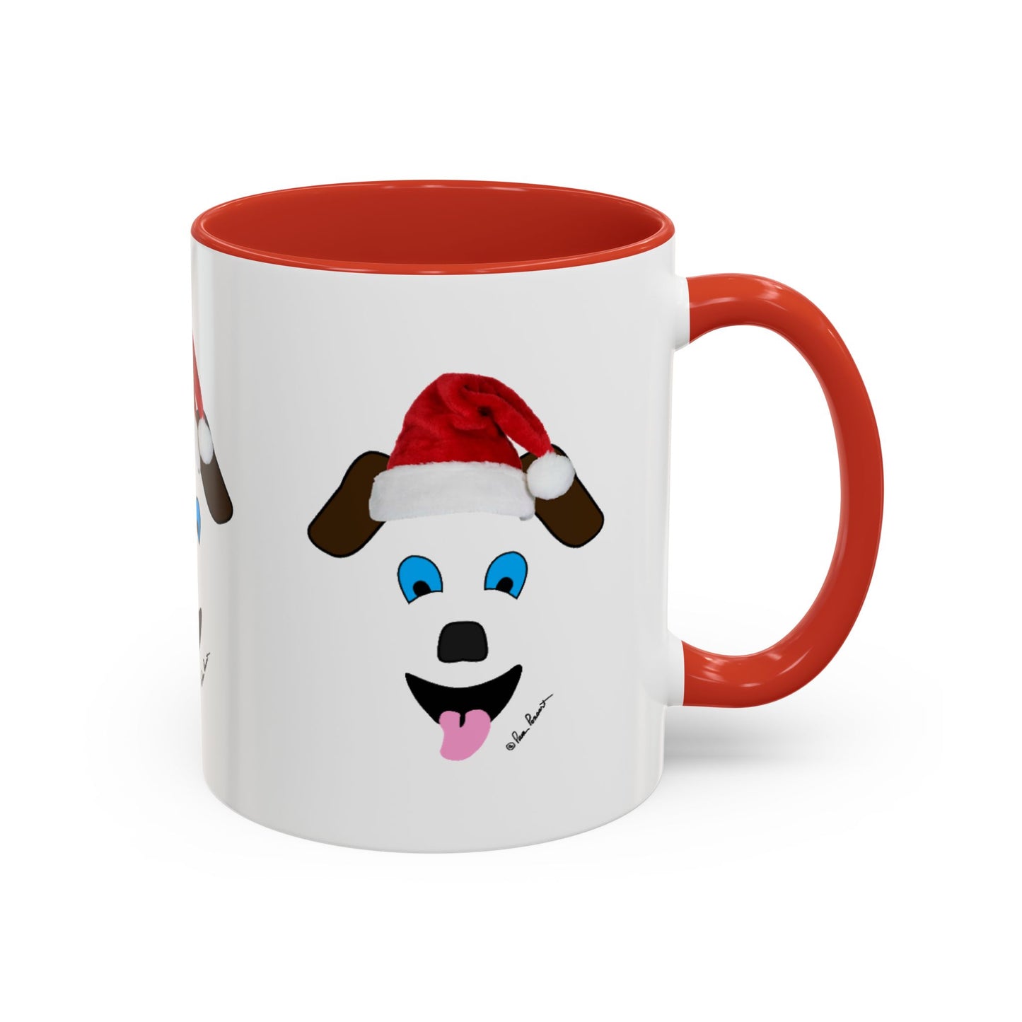 Introducing the Festive Dog-Face Coffee-Mug by Printify, an ideal gift for dog lovers. Available in two sizes, this ceramic mug features a joyful cartoon dog face wearing a Santa hat, with its tongue playfully sticking out. It comes in white with a vibrant red interior and handle, adding a perfect touch of holiday cheer to your morning coffee experience.