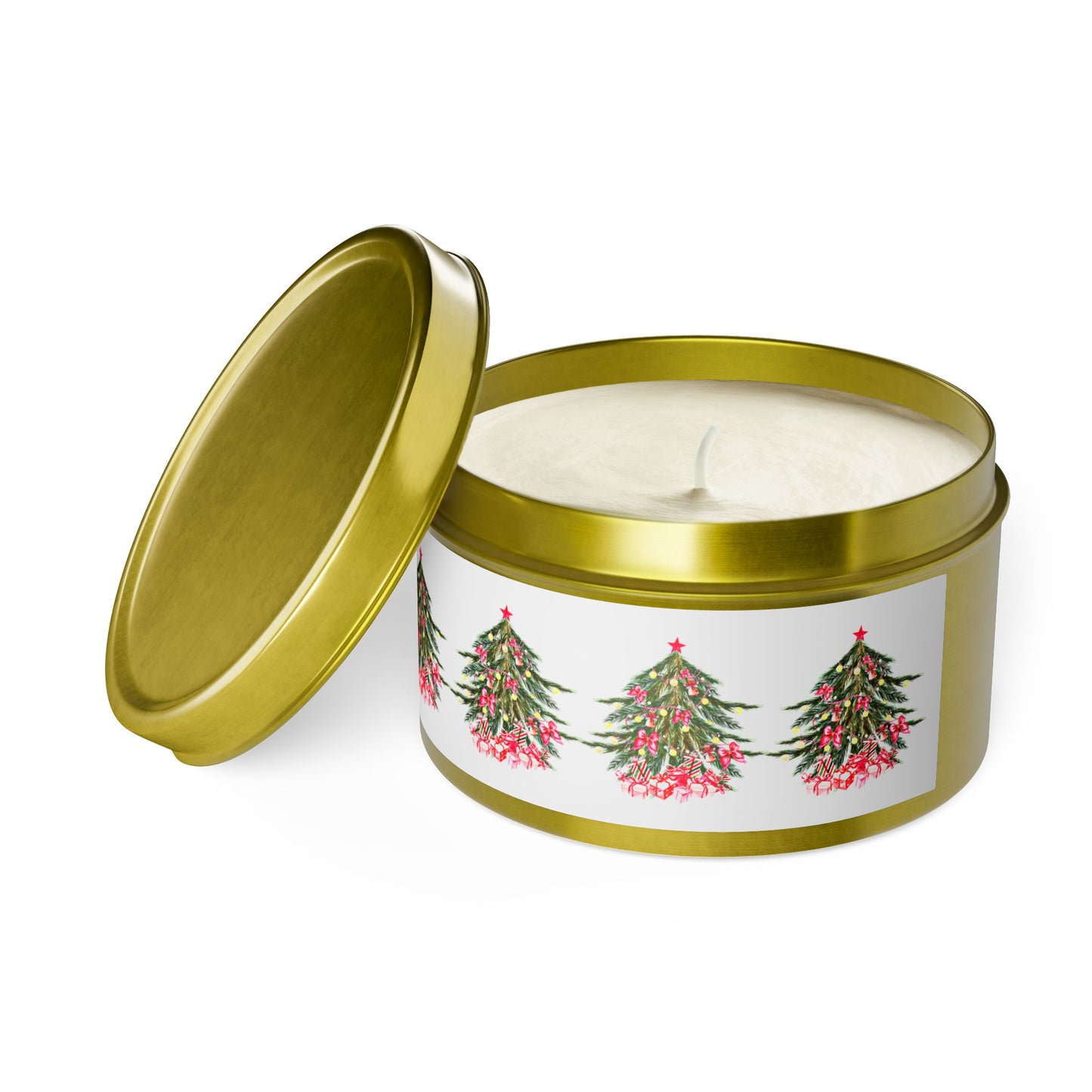 Experience the Evergreen-scented Festive Christmas Tin-Candle by Printify, featuring a charming design with Christmas trees and red bows on the side when the lid is removed. Made from eco-friendly coconut soy wax, this candle comes in a stylish reusable tin vessel, making it an ideal addition to your holiday decor. Available in two sizes to suit your festive needs.