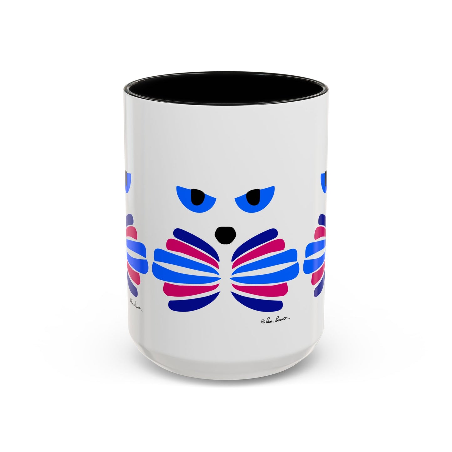 Discover the Cat-Face Coffee Mug by Printify, an ideal gift for cat enthusiasts who love Catitude. This ceramic mug comes in two sizes and showcases a vibrant cat face design incorporating blue, purple, and pink on a white background.