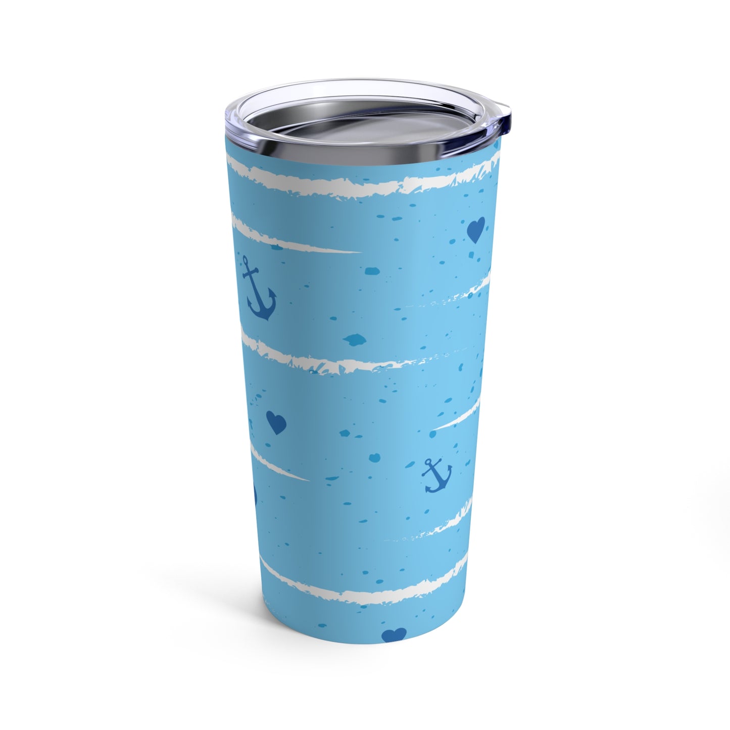 A blue and white striped Sailing Love Tumbler: 20 oz.; Stainless steel; Insulated by Printify.