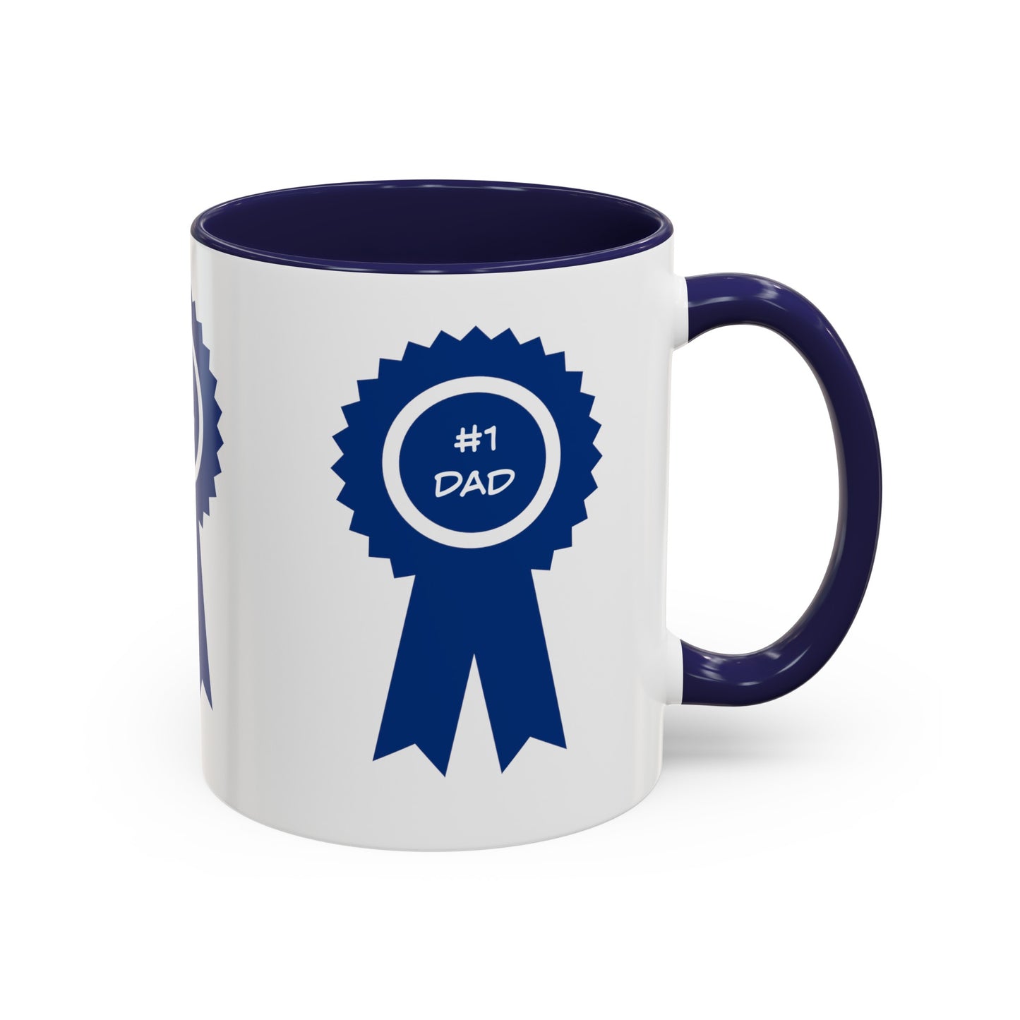 A white mug with a blue interior and handle, featuring a blue ribbon design that reads "#1 Dad." This custom mug is both dishwasher and microwave safe, making it the perfect gift for **Dad's Special Mug: Unisex; 11 oz, Ceramic; Accented graphics** from **Printify**.