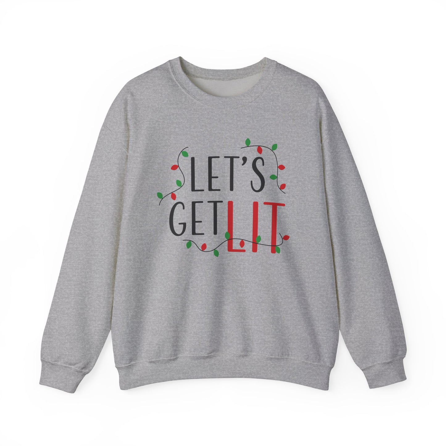 Get into the festive spirit with Printify's Holiday Unisex Sweatshirt. Crafted from a medium-heavy fabric blend for warmth and comfort, this American-made, Gildan brand sweatshirt features the vibrant phrase "Let's Get Lit" along with green, red, and white holiday lights. Available in gray, it's perfect for celebrating the season in style.