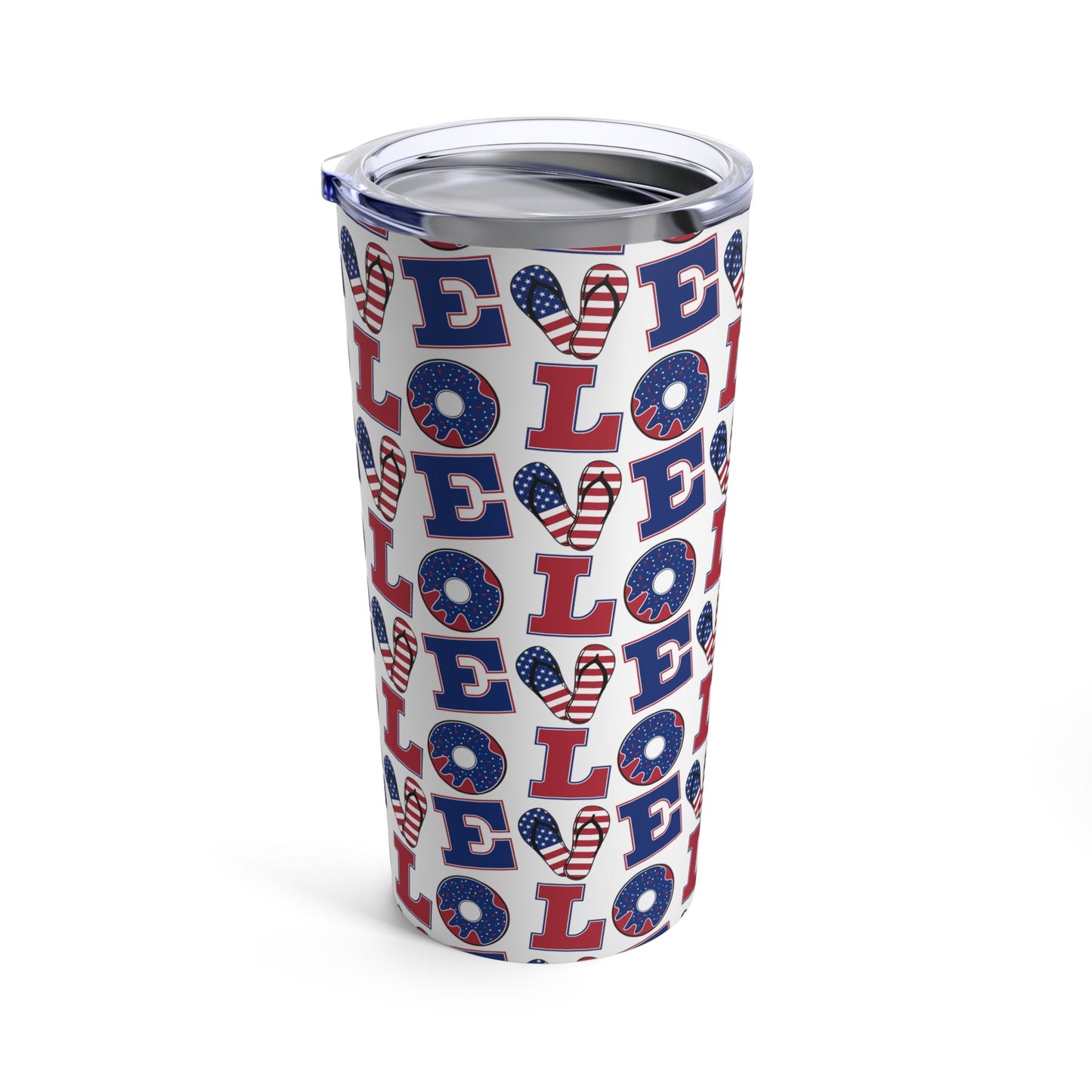 The Printify Love USA Tumbler: 20 oz.; Stainless steel; Insulated is a stainless steel, vacuum insulated tumbler featuring a repeating pattern of the word "LOVE" in red, white, and blue. The letters "O" and "V" are stylishly adorned with American flag motifs.