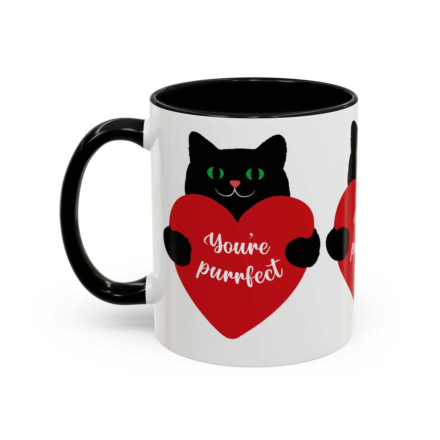 The Purrfect Love Cat-Mug by Printify is a ceramic mug available in two colors and sizes, featuring a cute black cat with a red heart saying "You're purrfect," making it an ideal gift for cat lovers.