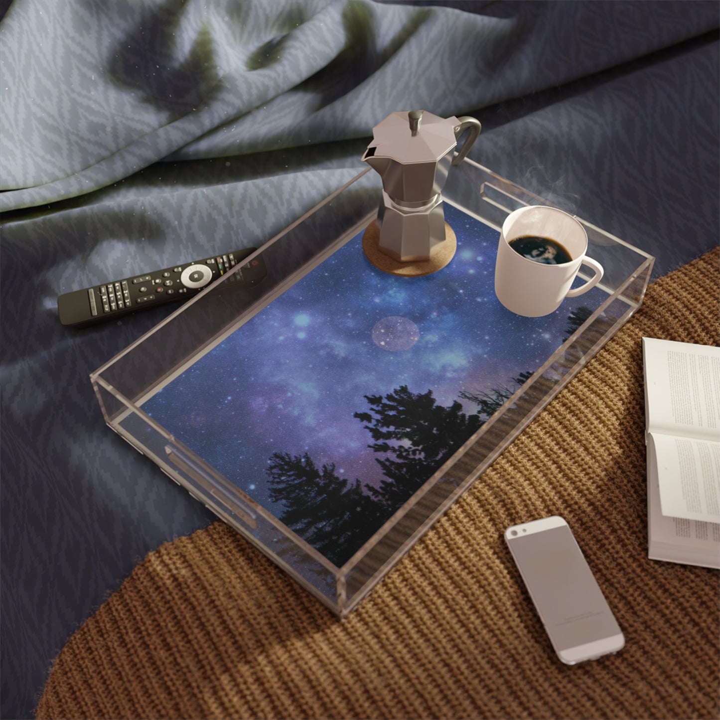Blue Serving Tray with cup of coffee on a bed