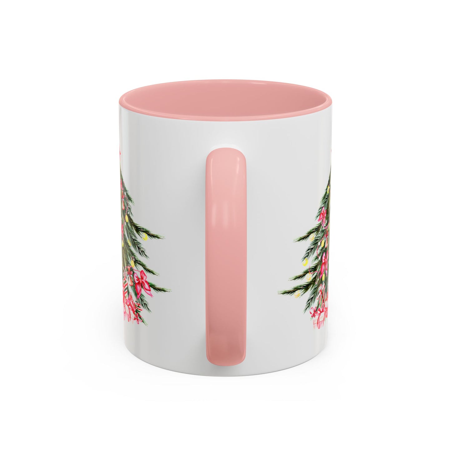 White ceramic mug from Printify, with a pink handle and pink interior, showcasing an elegant floral pattern reminiscent of the Festive Christmas-Tree Coffee-Mug.
