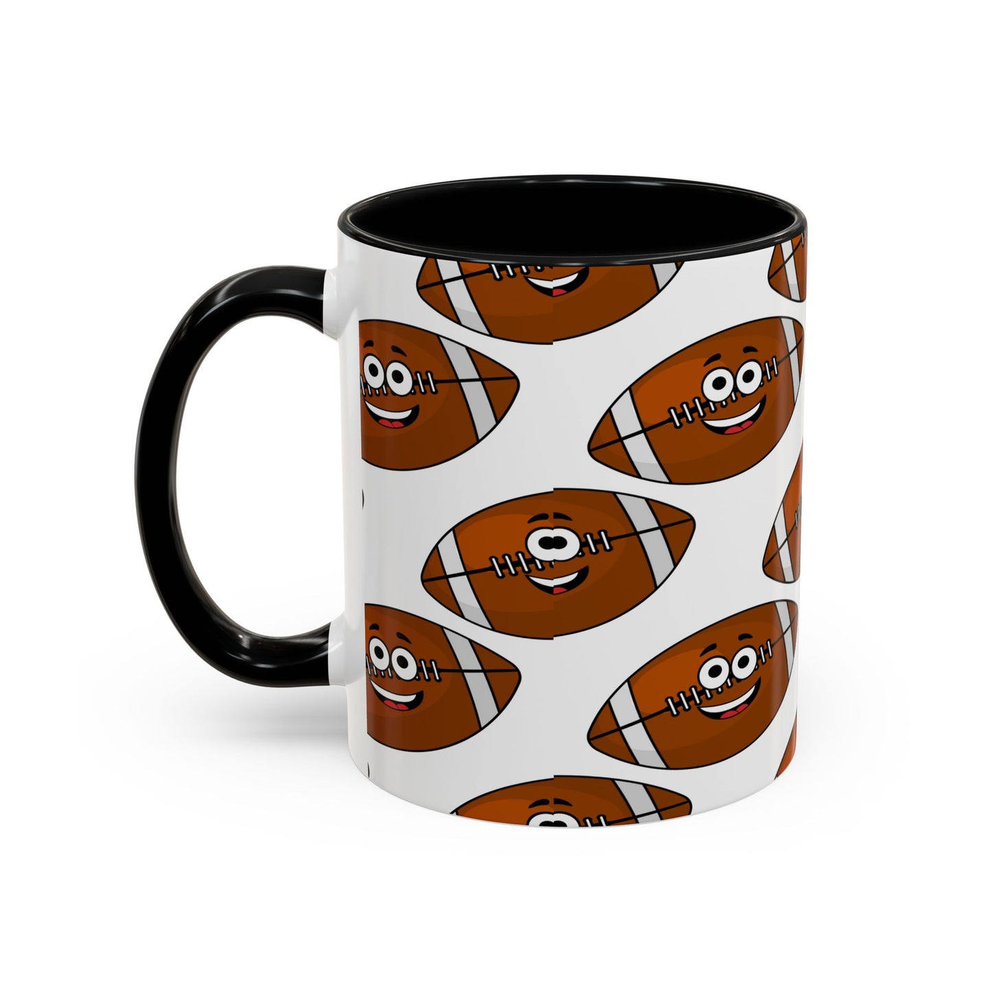 The Happy Football-Faces Mug by Printify is an American-made, BPA-free, 11 oz. ceramic mug featuring a white exterior with a black handle and adorned with a colorful pattern of smiling cartoon footballs.