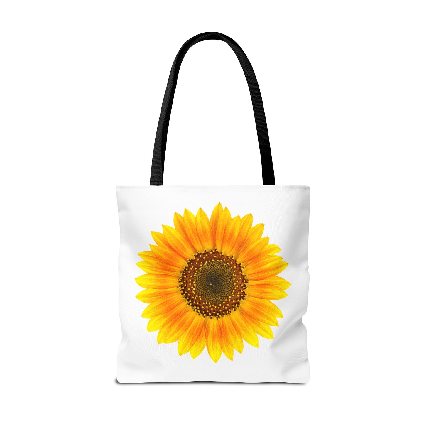 Printify's Sunflower Tote Bags, made from polyester and featuring bold sunflower patterns on a white background with sleek black handles, exude a vibrant and sunny vibe. Available in three sizes, they have nature-inspired designs printed on both sides.