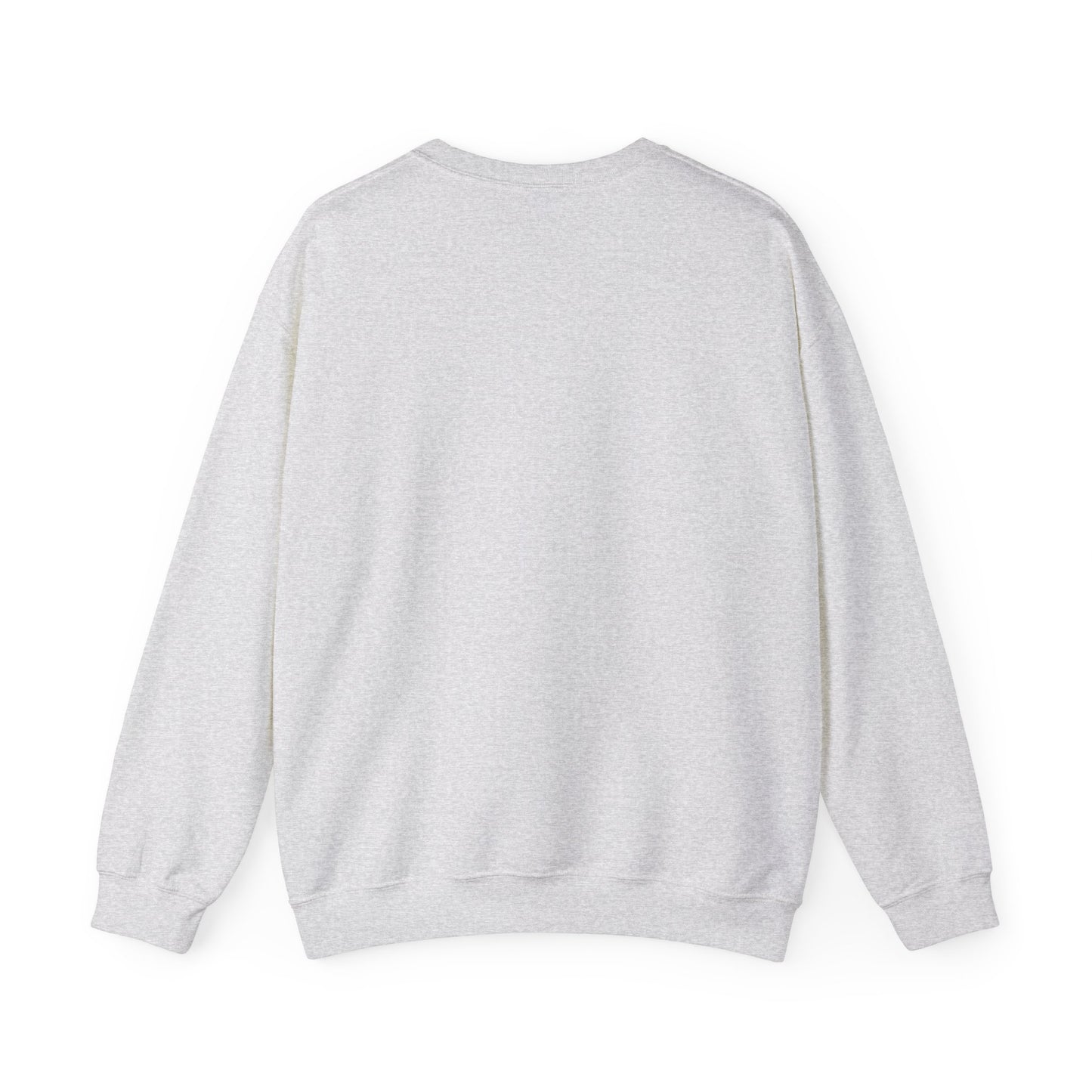 A plain gray sweatshirt viewed from the back, featuring long sleeves and a ribbed hem. This cozy essential, part of Printify's Unisex Holiday Crewneck Sweatshirt: Heavy Blend™ | Santa collection, embodies sustainable fashion principles.