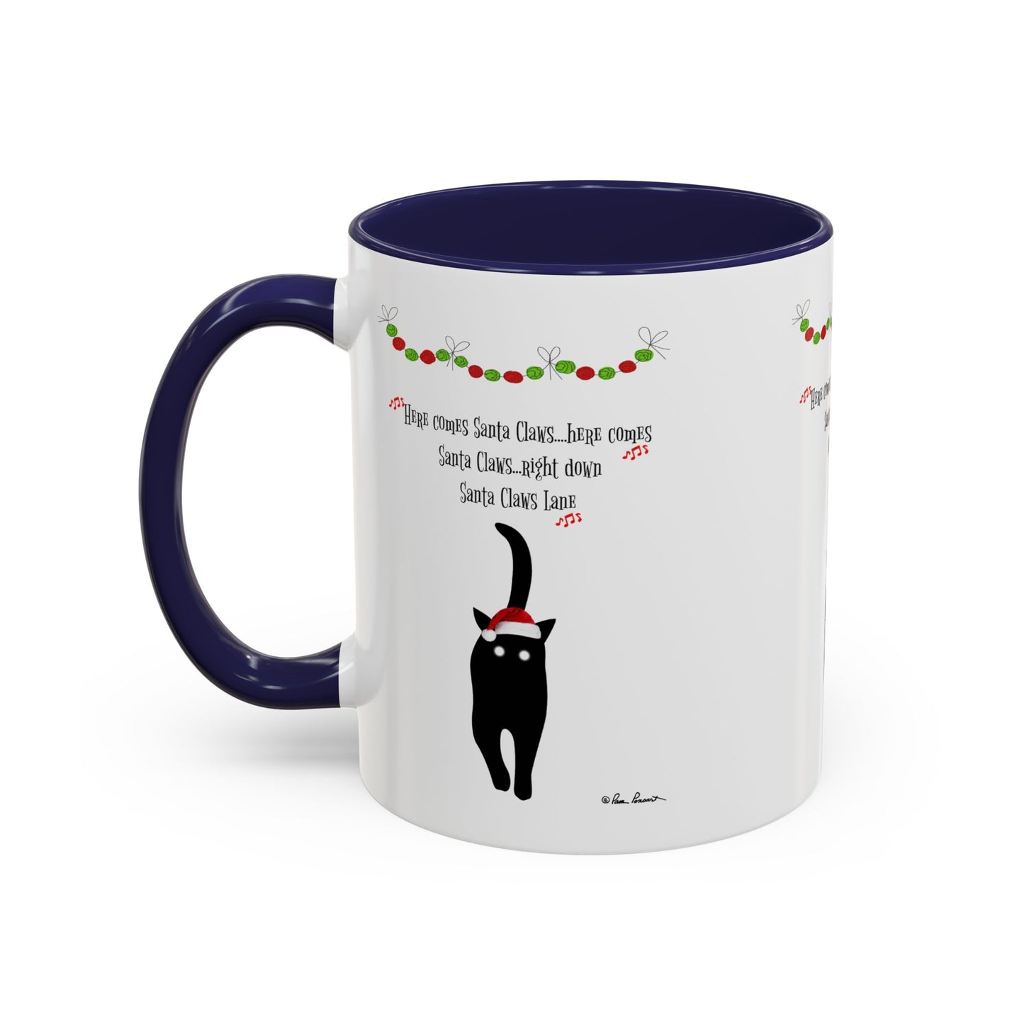 The Printify Festive-Cat Accent Coffee Mug features a black cat in a Santa hat, holiday garland, and the quote "Here comes Santa Claus, right down Santa Claus Lane." A perfect holiday gift for cat lovers!.