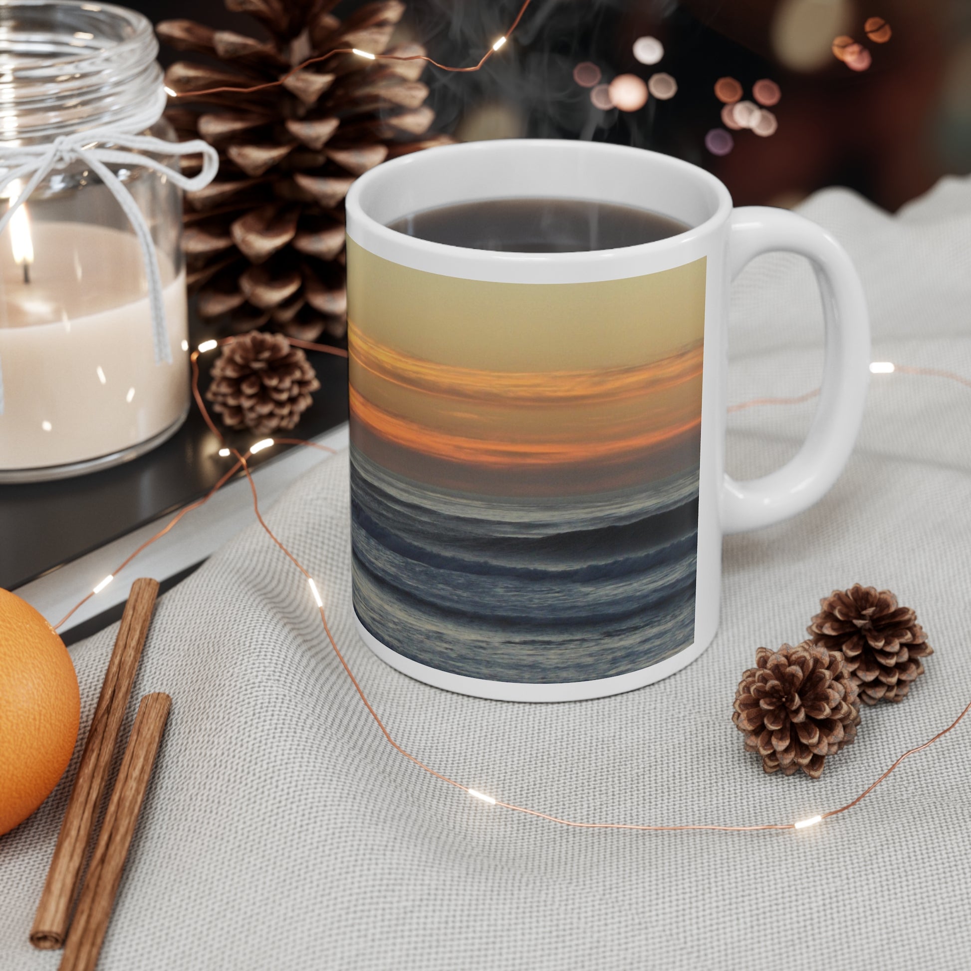 Mock up of mug on a surface with pinecones
