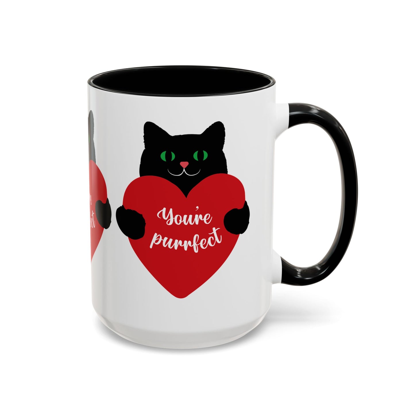 Printify's Purrfect Love Cat-Mug features a black cat with green eyes holding a red heart that says "You're purrfect." This ceramic mug has a black handle, comes in two colors and sizes, and makes the perfect gift for cat lovers.