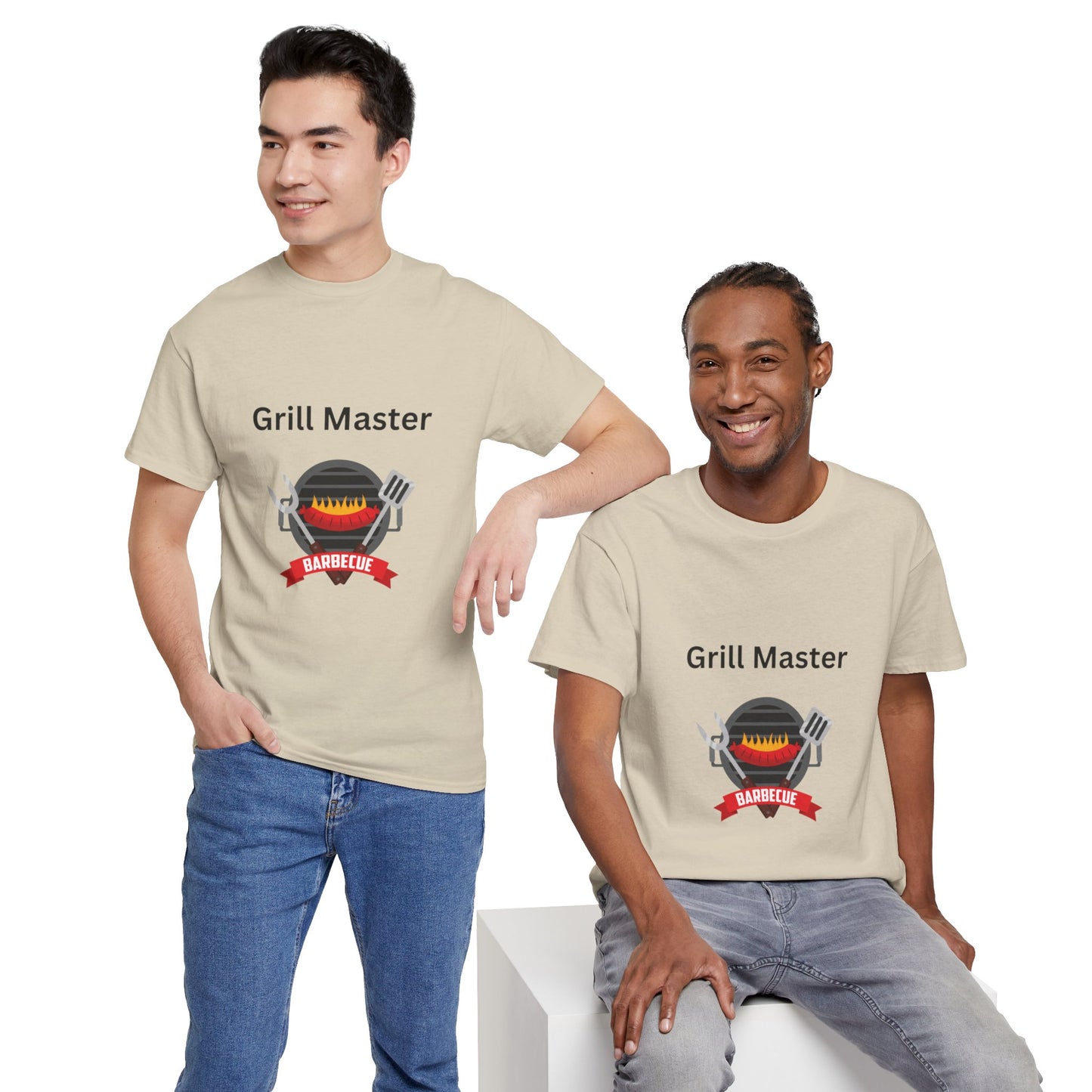 Two men wearing unisex beige "Unisex Grill-Master T-shirt: 2 colors; Cotton; Gildan" t-shirts, one standing with hands in pockets and the other sitting on a white block, both smiling against a plain white background. These Printify t-shirts are proudly made in America.