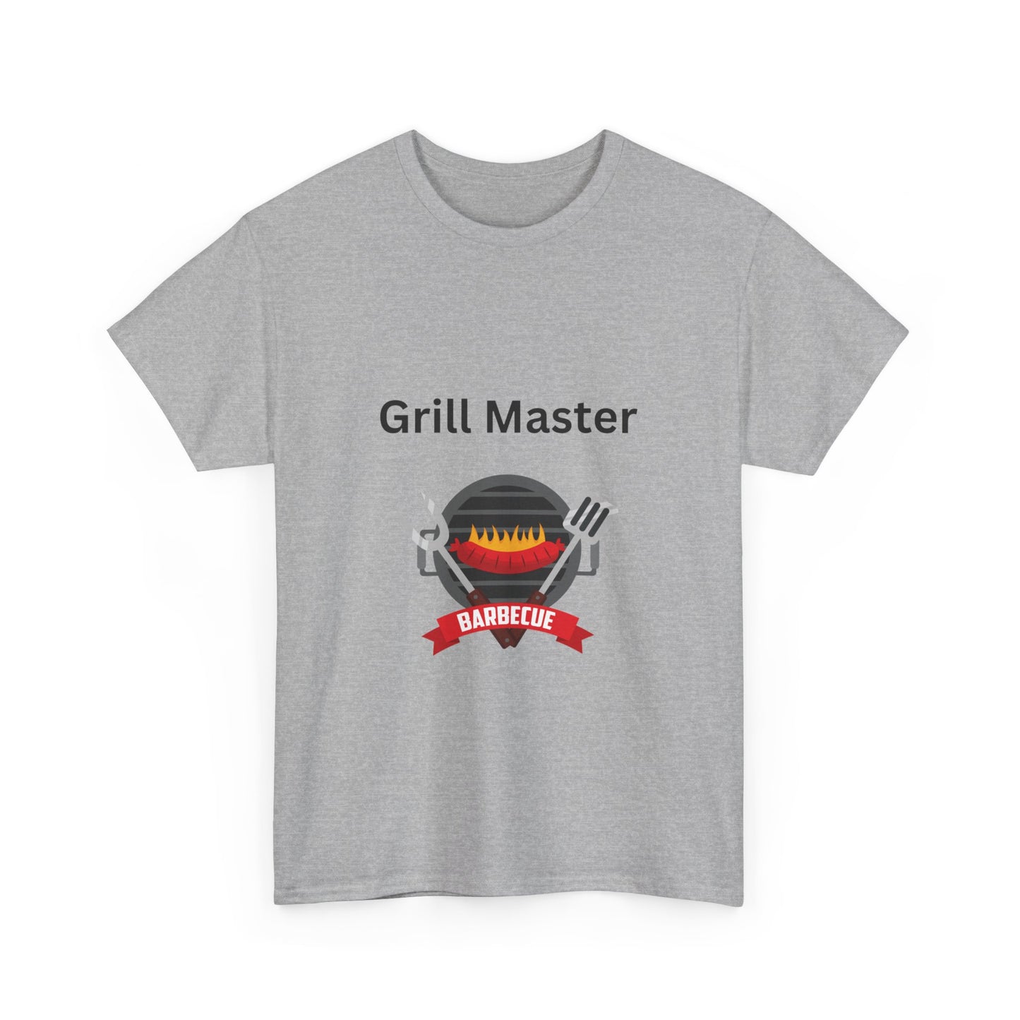 Gray "Unisex Grill-Master T-shirt: 2 colors; Cotton; Gildan" featuring bold text and a barbecue grill graphic, flanked by a fork and spatula. This unisex tee is proudly made in America by Printify.