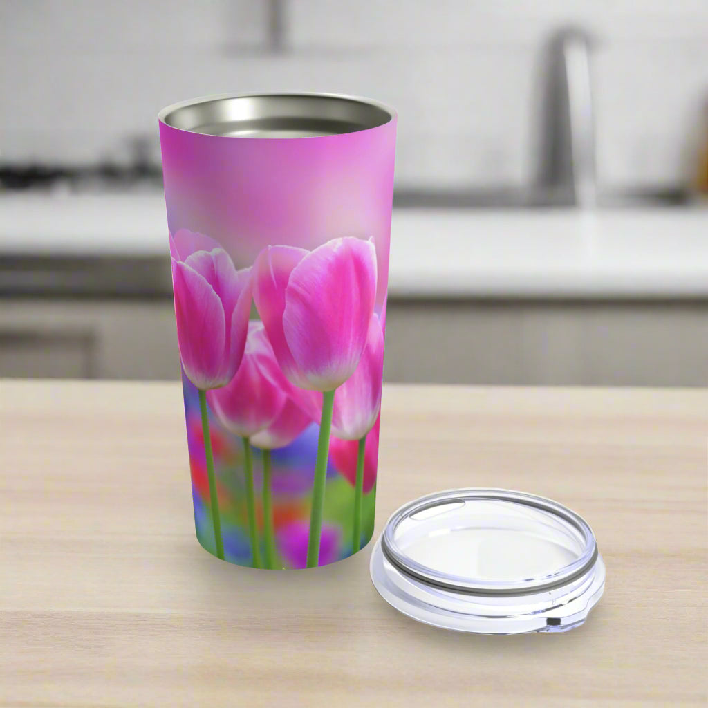 A purple tulips tumbler with a dishwasher-safe lid from Printify.