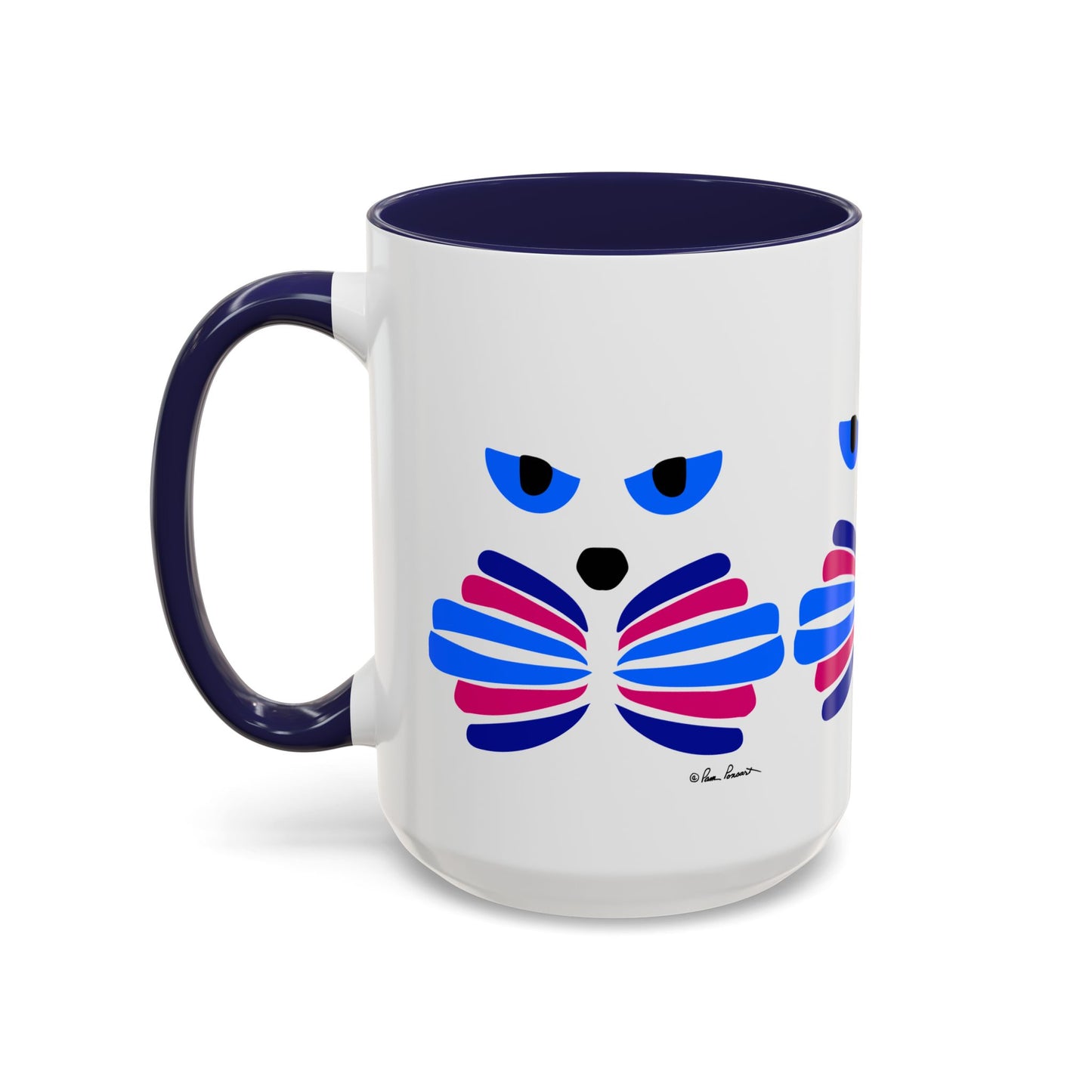 The Cat-Face Coffee Mug by Printify, available in two sizes and crafted from ceramic, showcases a white body complemented by a dark handle. Its vibrant abstract design features eye-like and bowtie shapes on one side, making it an ideal gift for cat lovers who proudly display their Catitude.