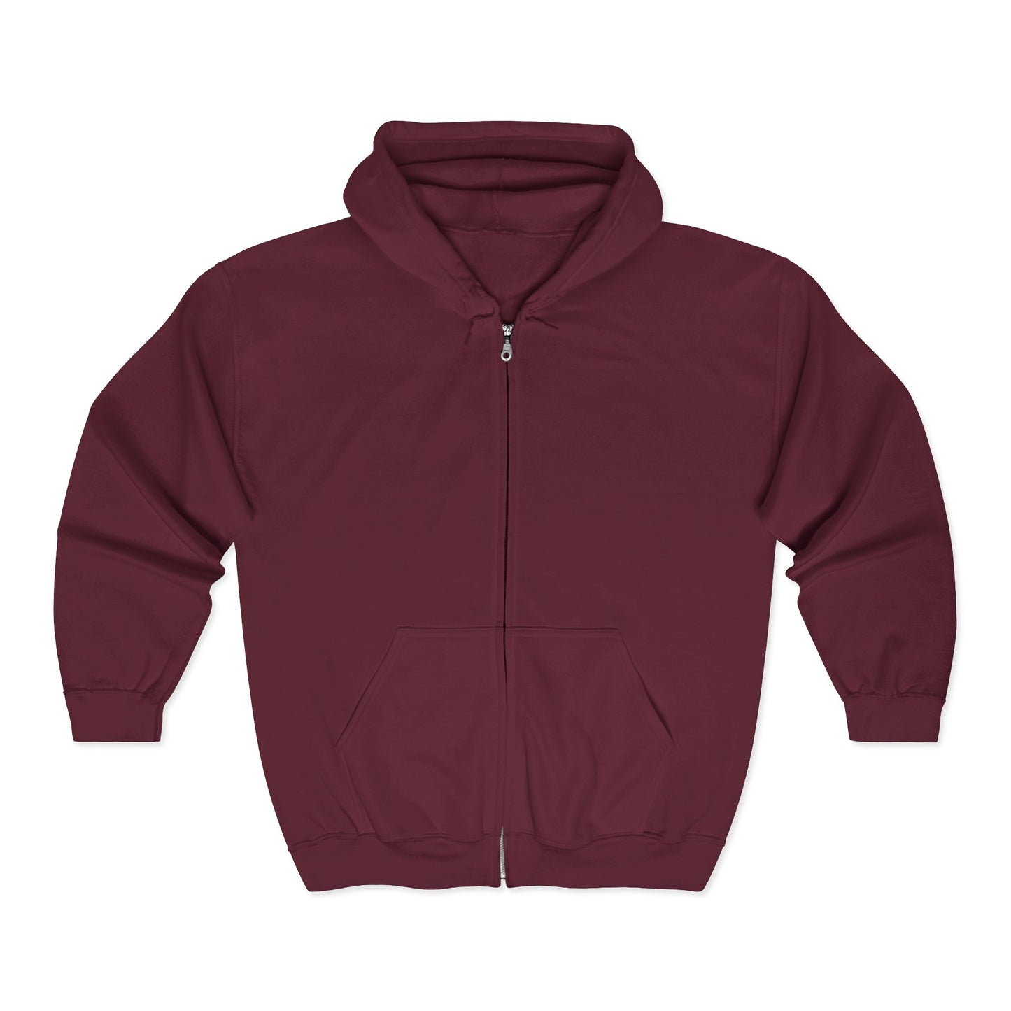 The Printify Unisex Sunflower Zip Hoodie, a maroon full-zip sweatshirt for women and men with a hood, front pockets, and ribbed cuffs and hem, is shown laid flat on a white background.