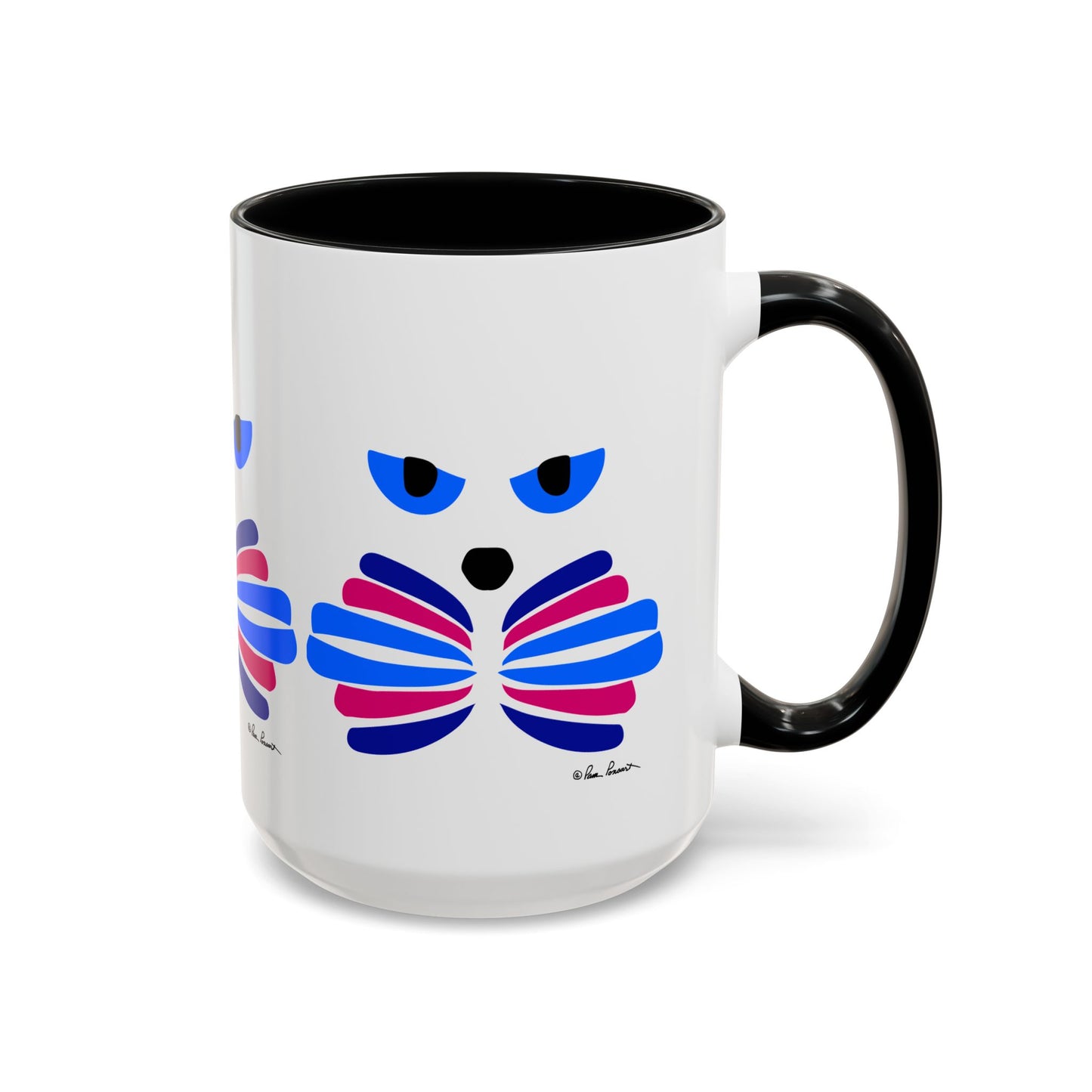 Introducing the Cat-Face Coffee Mug by Printify, a must-have for cat lovers. This ceramic mug features a stylized feline design in vibrant blue and pink on a sleek white surface, complemented by a chic black handle. Perfect for those with "catitude," it's available in two sizes and makes an ideal gift for enjoying your favorite brew.