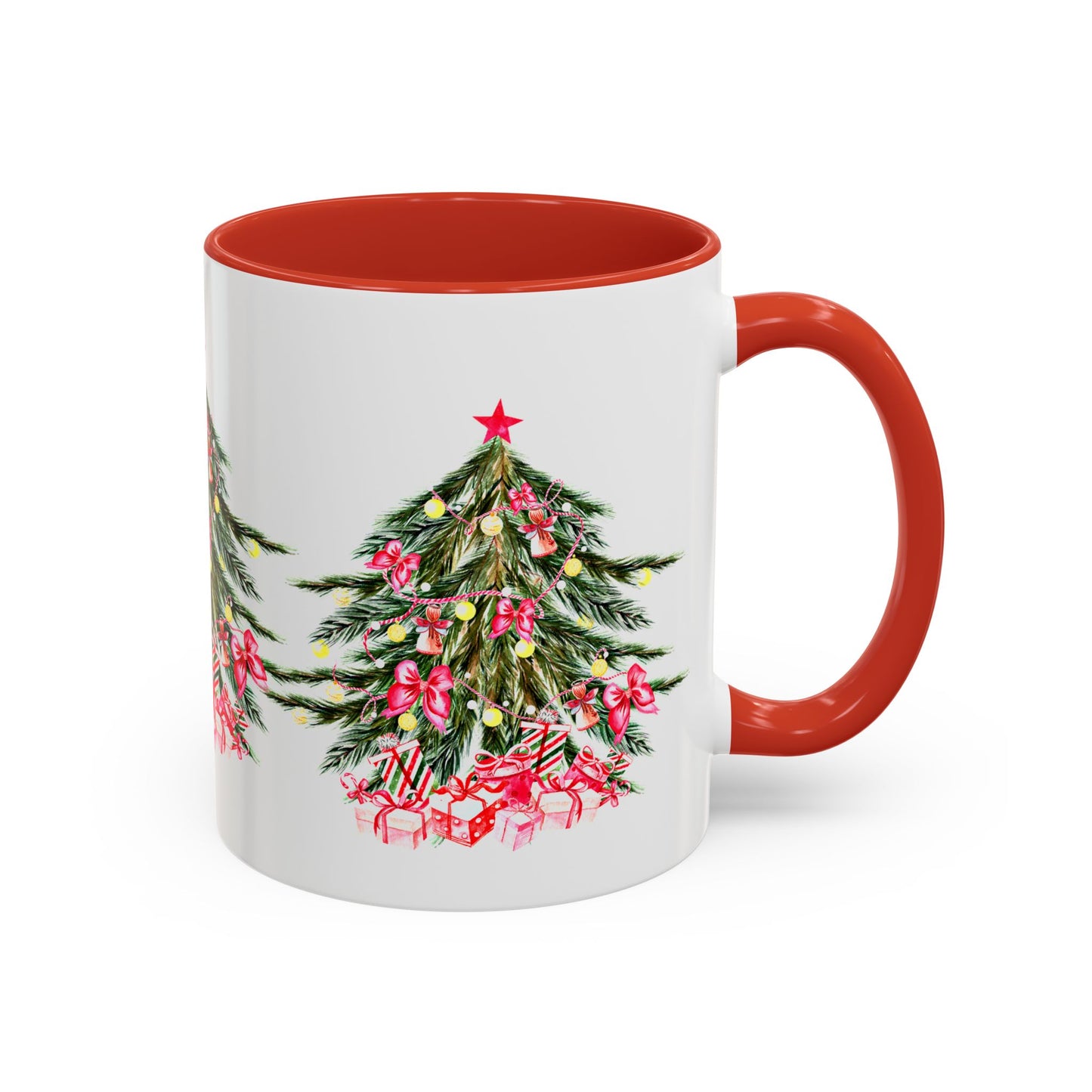 The Printify Festive Christmas-Tree Coffee-Mug, available in 11 or 15 oz. ceramic sizes, features a white body with a red handle. It is adorned with a lively holiday tree surrounded by twinkling lights and red gifts, making it perfect for bringing holiday cheer to your favorite beverages this season!