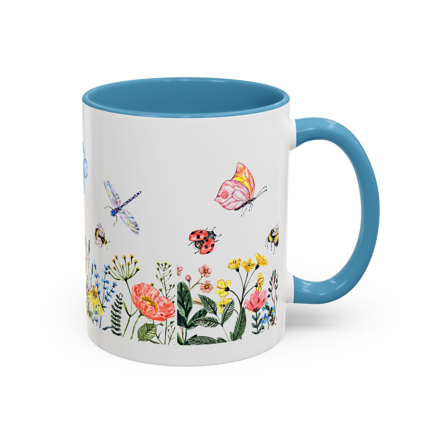 Meet the Printify Colorful Spring Garden Mug! This 11 oz. ceramic beauty features an all-over floral design, with butterflies and insects like ladybugs and bees on a white background with a vibrant blue handle—ideal for garden lovers to savor spring's essence with your coffee.