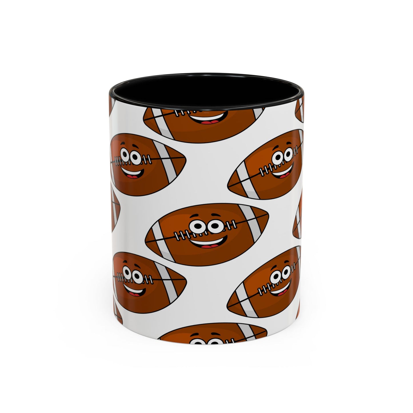The Happy Football-Faces Mug by Printify is an 11 oz. cylindrical white ceramic mug with a black interior. It features a vibrant pattern of cartoon footballs with smiling faces and is BPA-free. Proudly American-made, this cheerful coffee cup is sure to brighten any morning.