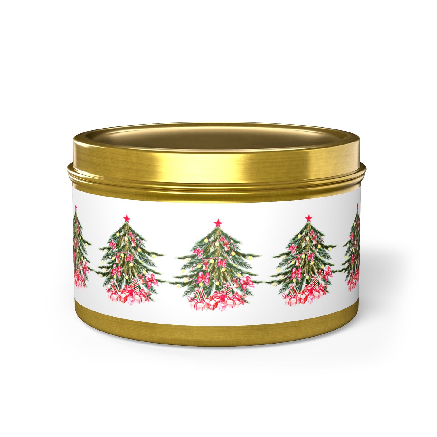 A gold tin featuring a design of decorated Christmas trees on a white background is the ideal reusable vessel for Printify's Festive Christmas Tin-Candles made from eco-friendly coconut soy wax.