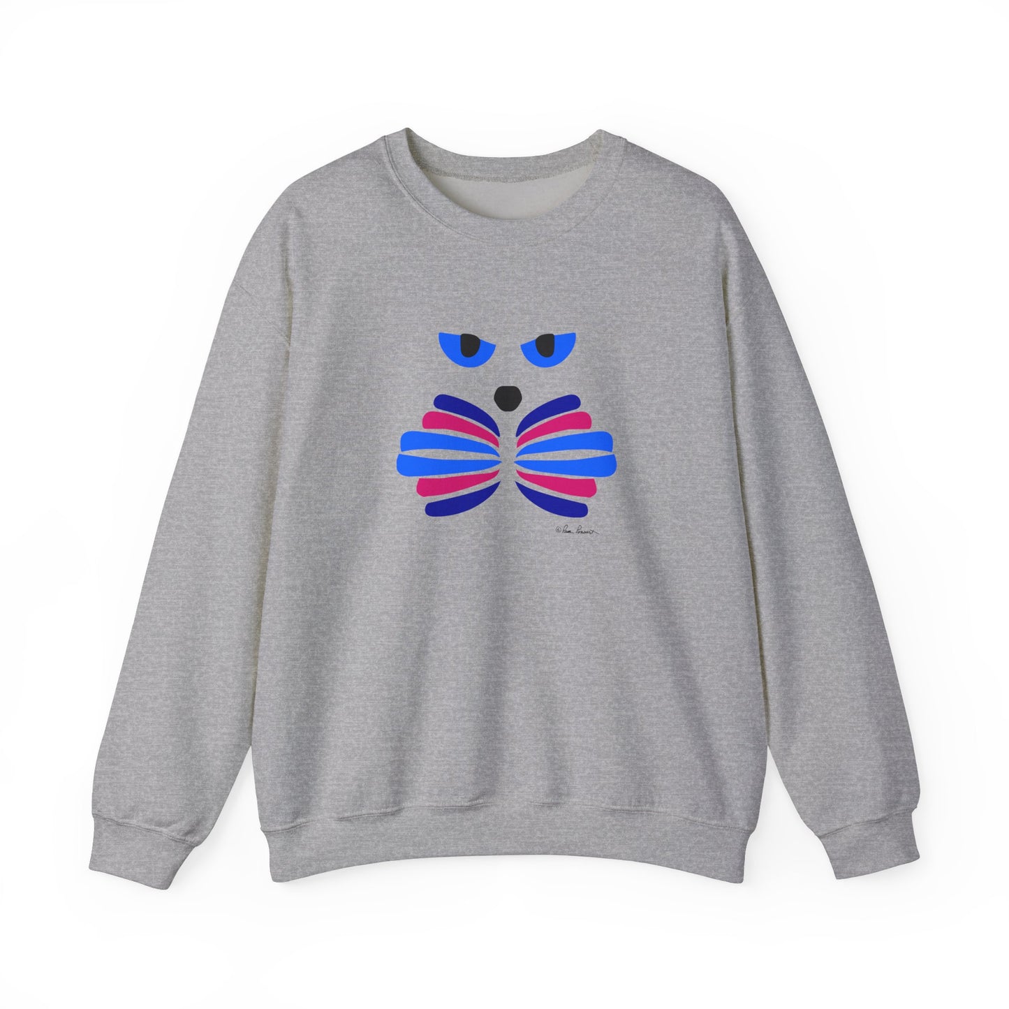 The Unisex Cat-Art Sweatshirt by Printify, available in three colors and crafted from a high-quality cotton blend by Gildan, features a stylized cat face design with blue and pink accents. This stylish piece perfectly embodies catitude and is proudly made in America.
