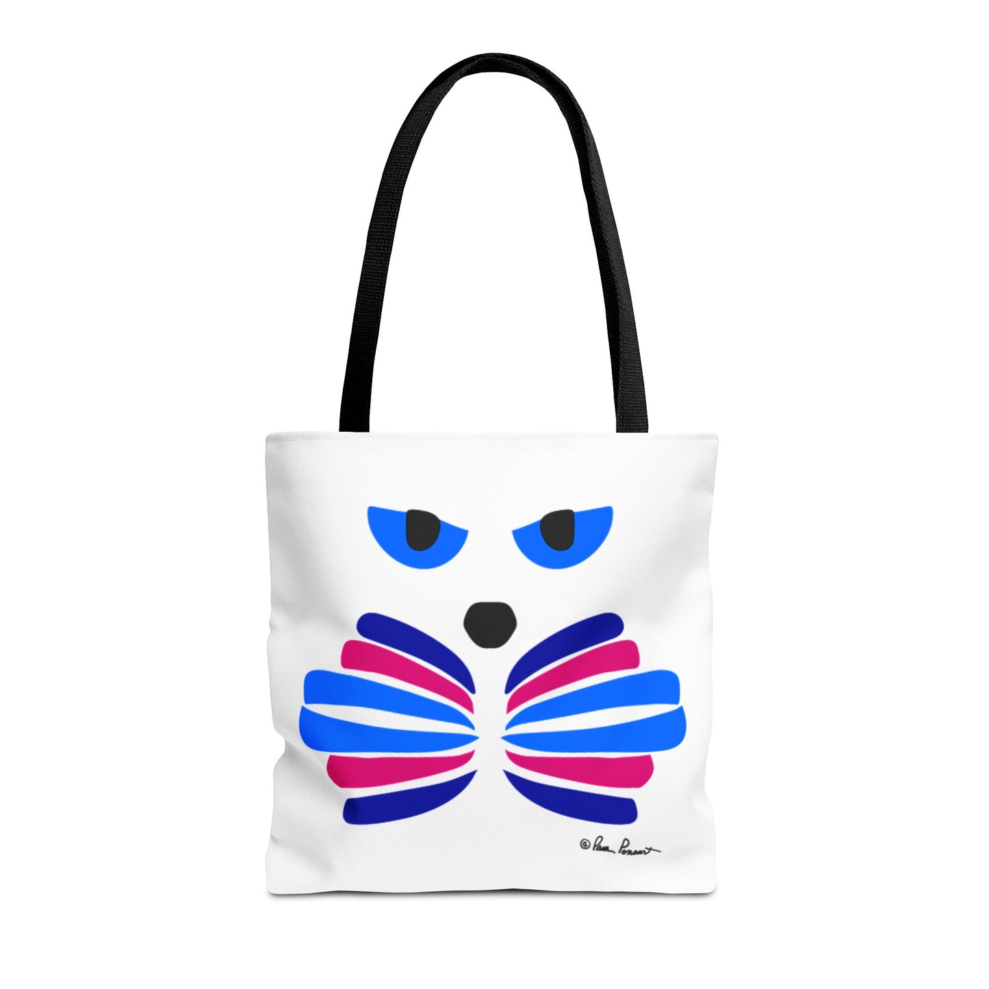 The Cat-Face Tote Bag by Printify, available in 3 sizes, is crafted from durable polyester with a double-sided print. It features a white base, black handle, and an abstract owl-like design with blue and pink accents. Ideal for cat lovers who appreciate unique artistry.