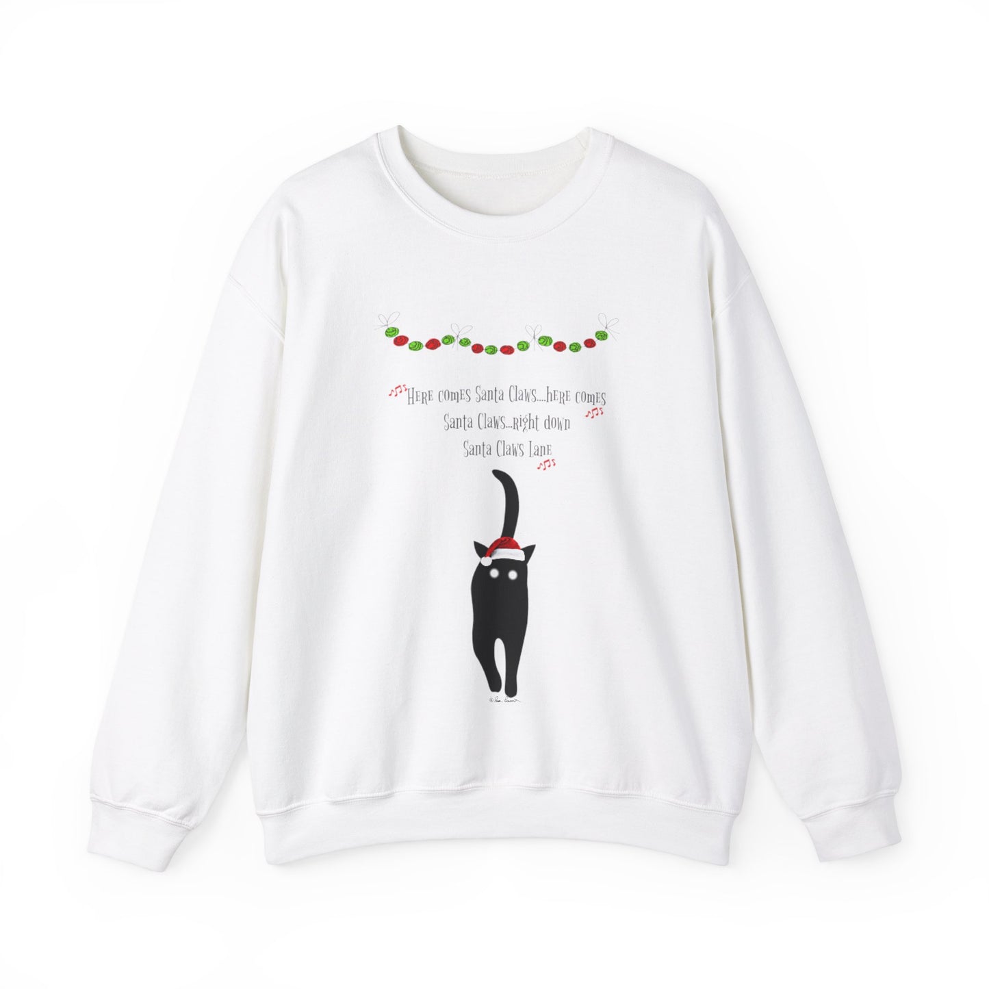 Check out the Santa Claws Sweatshirt by Printify, a festive medium-heavy fabric sweatshirt available in three colors. This cozy Gildan sweatshirt features a black cat with a Santa hat amidst holiday decorations and text—ideal for the holiday season.